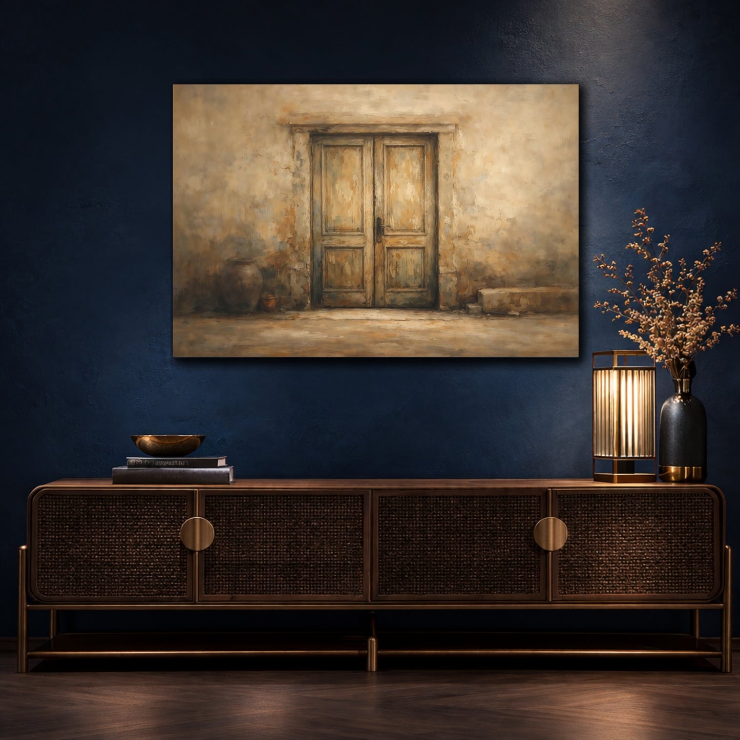 Mockup 4. Vintage Weathered Door Brown And Beige shown as stretched canvas wall art