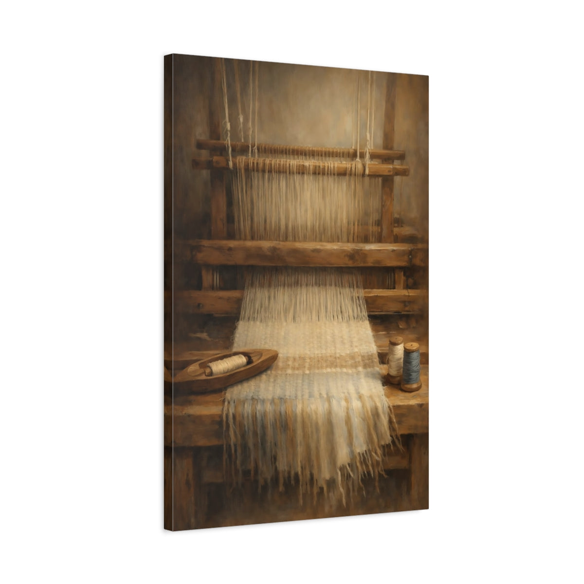 Side Mockup 2. Vintage Weaving Loom Weaving Loom Brown shown as stretched canvas wall art
