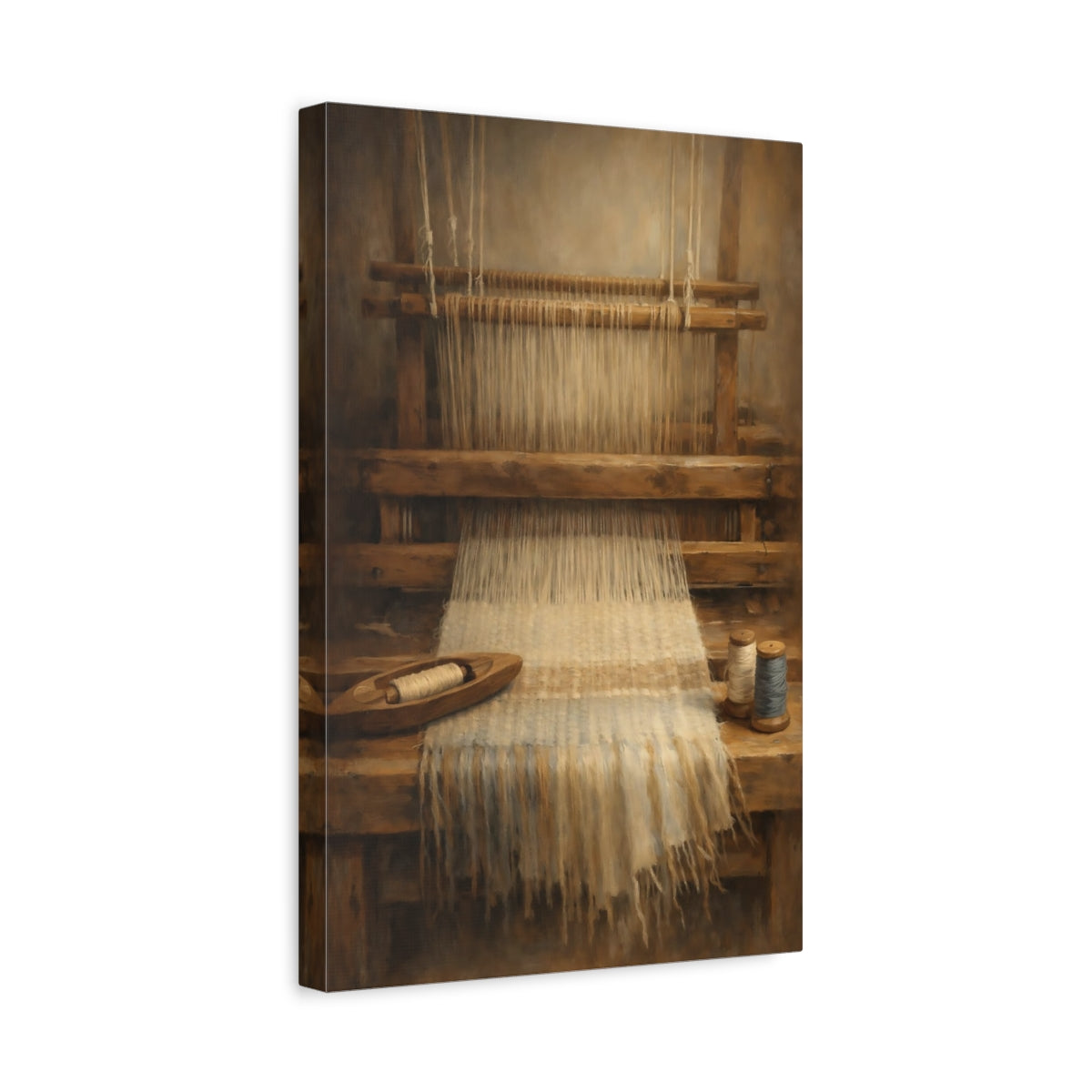 Side Mockup 4. Vintage Weaving Loom Weaving Loom Brown shown as stretched canvas wall art