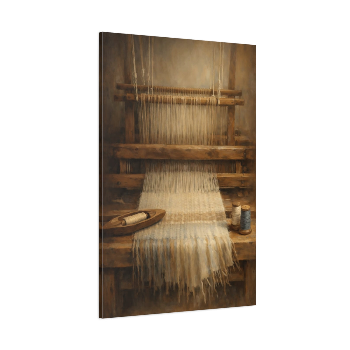 Main Mockup. Vintage Weaving Loom Weaving Loom Brown shown as stretched canvas wall art