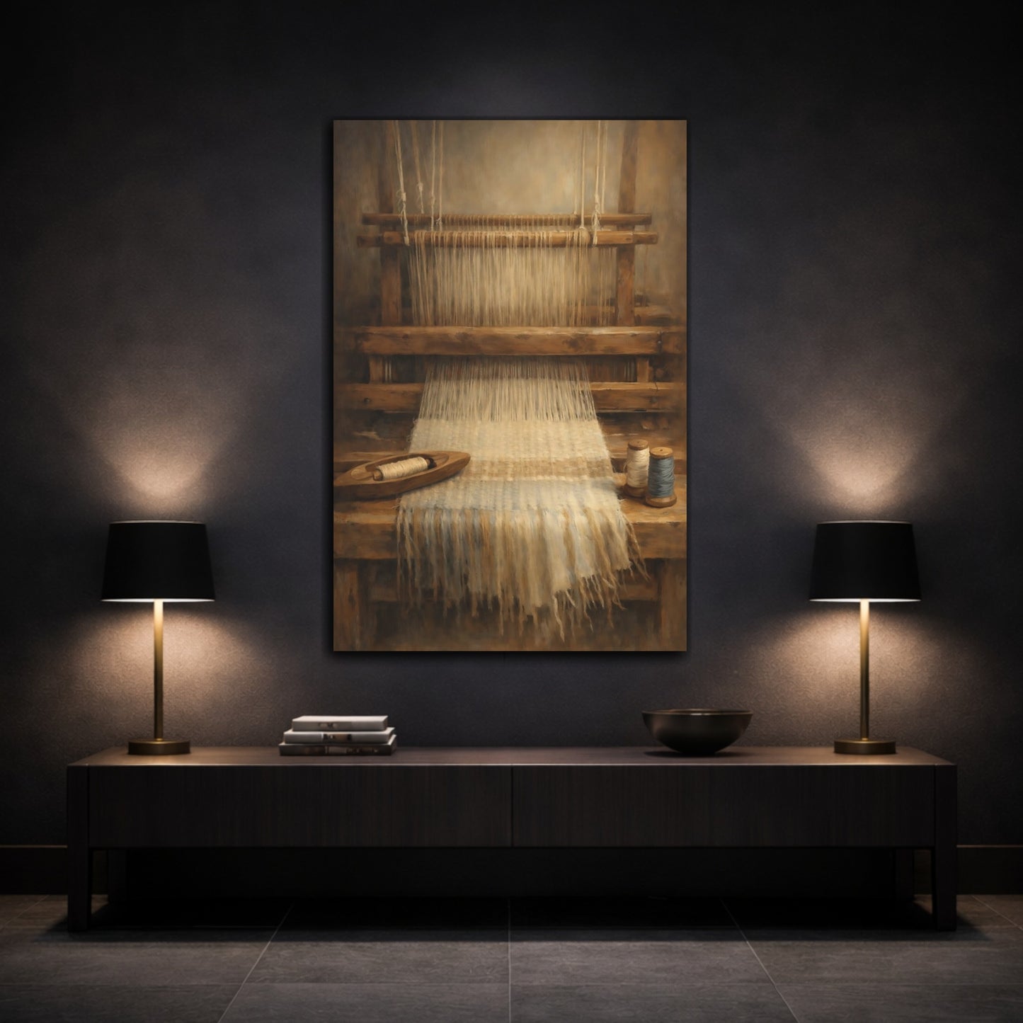 Mockup 2. Vintage Weaving Loom Weaving Loom Brown shown as stretched canvas wall art