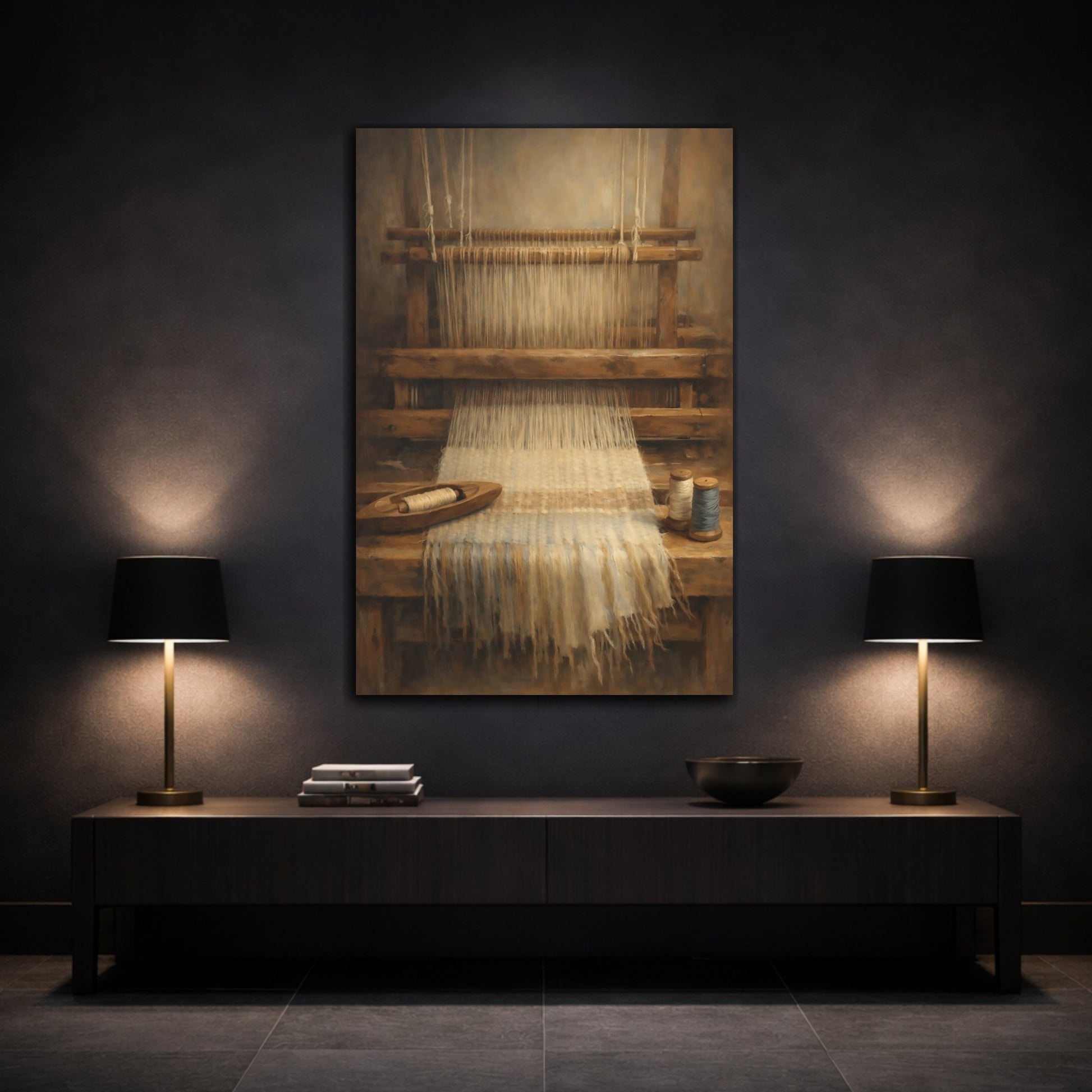 Mockup 2. Vintage Weaving Loom Weaving Loom Brown shown as stretched canvas wall art