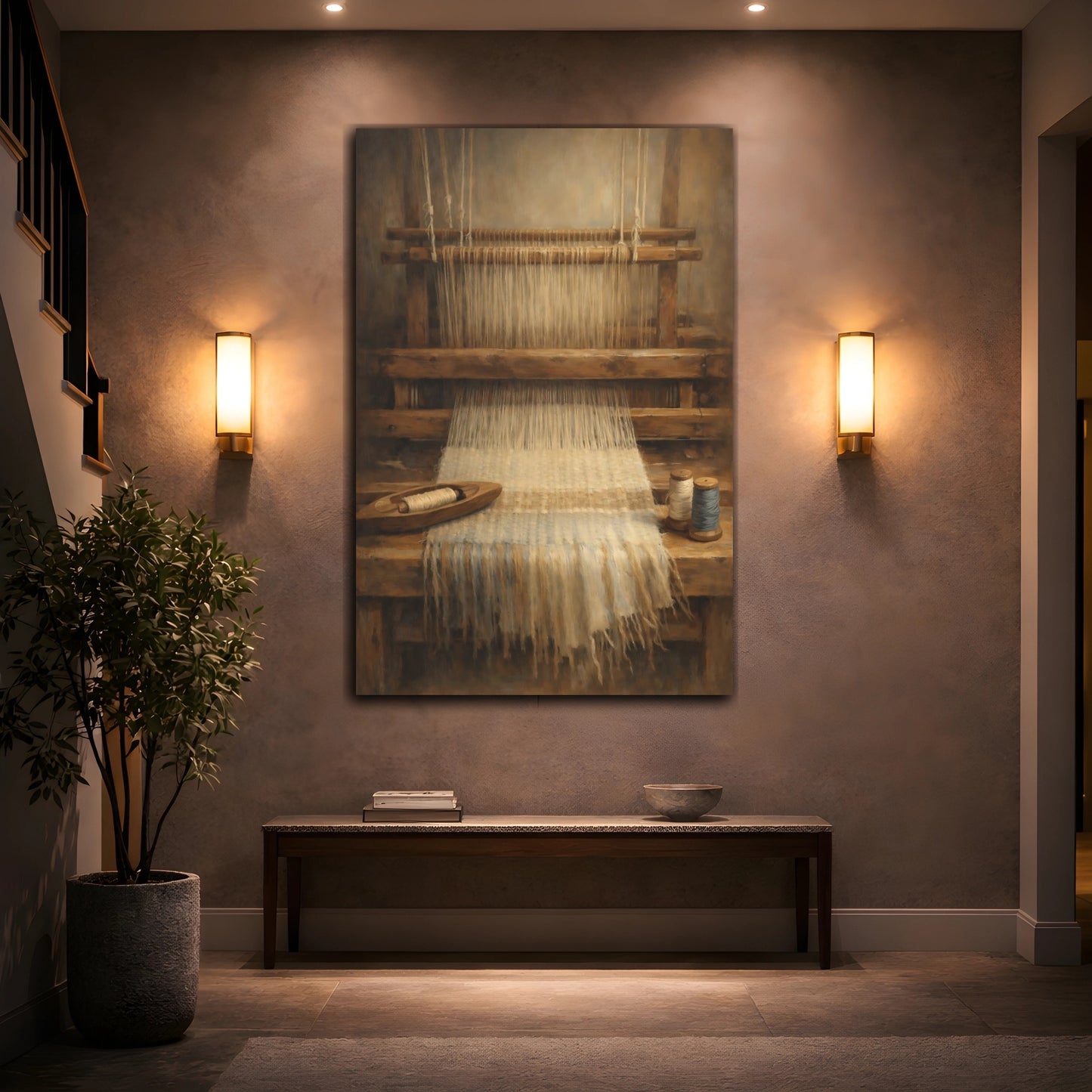 Mockup 3. Vintage Weaving Loom Weaving Loom Brown shown as stretched canvas wall art