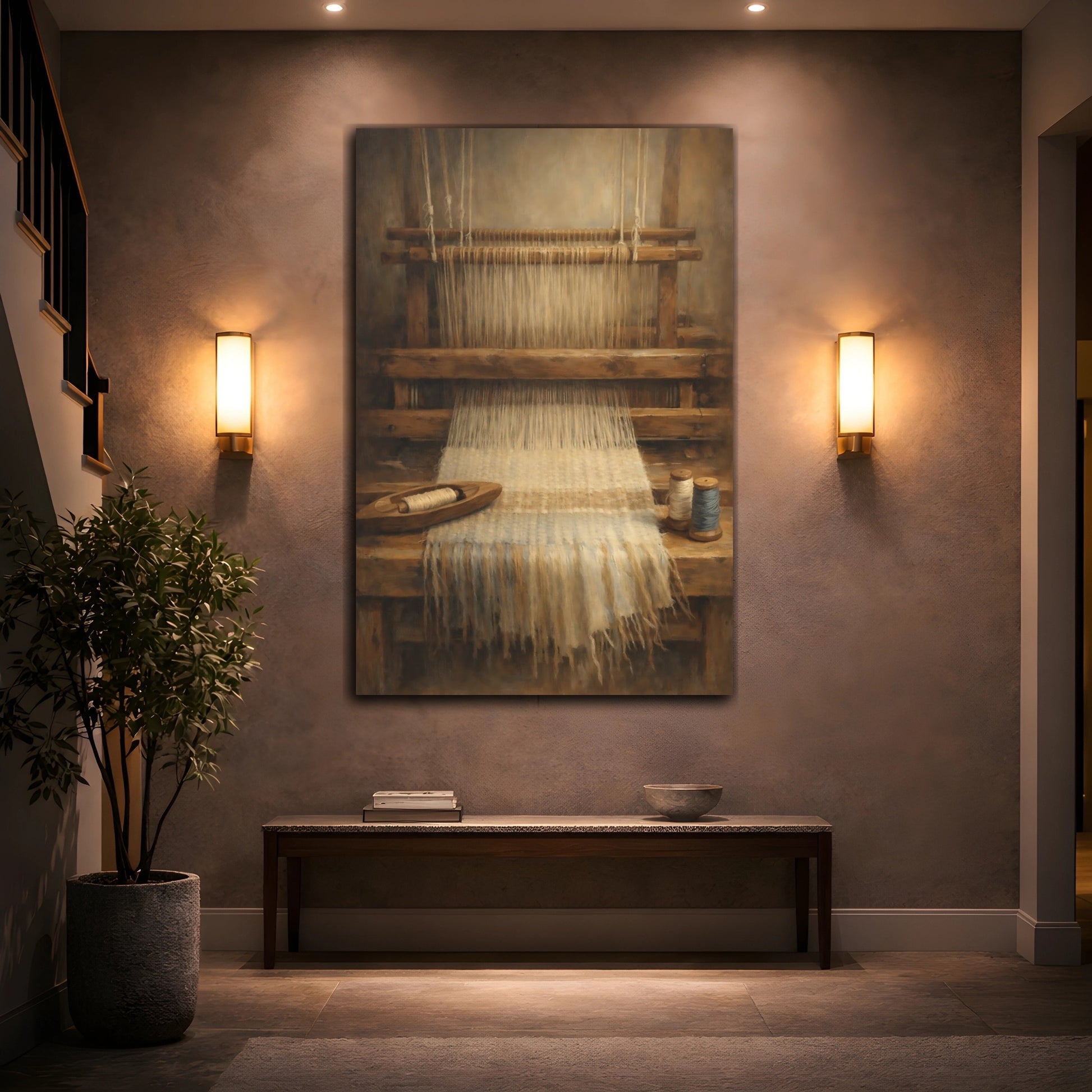 Mockup 3. Vintage Weaving Loom Weaving Loom Brown shown as stretched canvas wall art