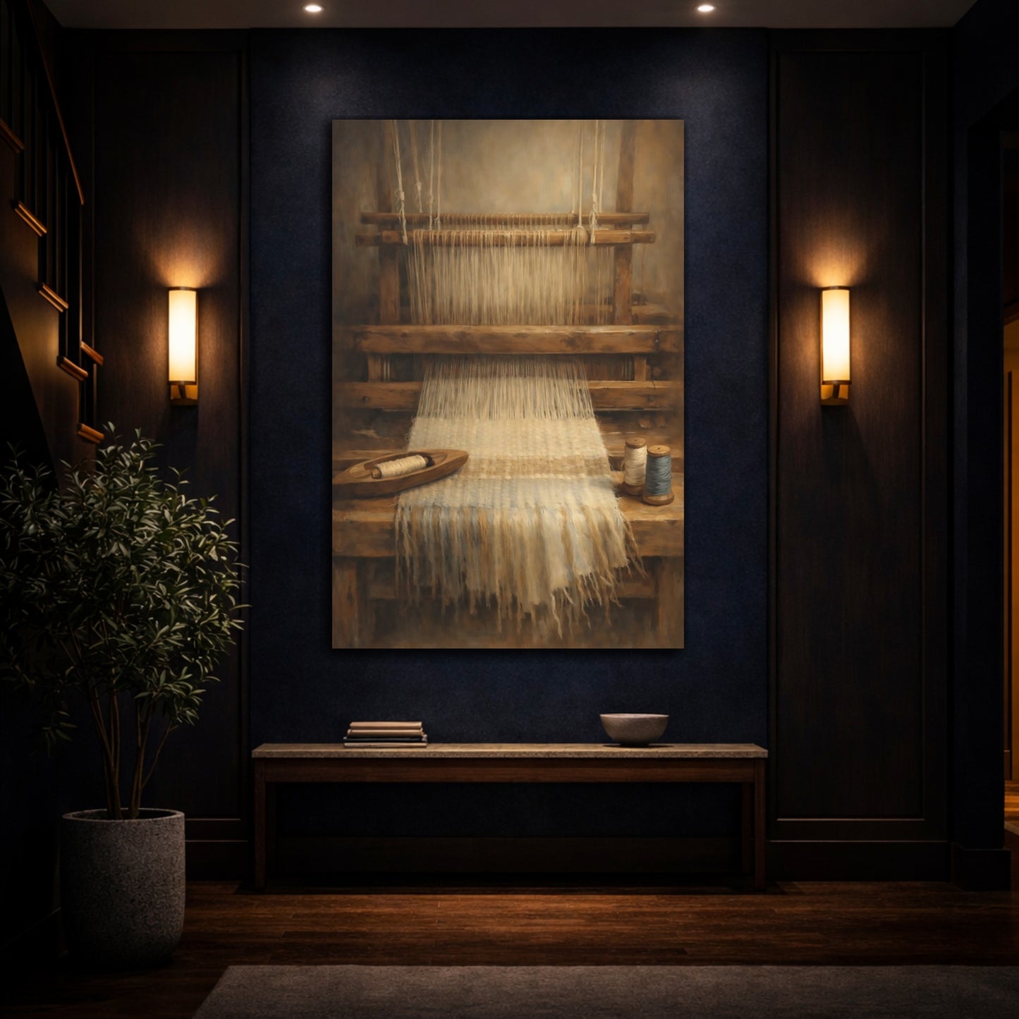 Mockup 4. Vintage Weaving Loom Weaving Loom Brown shown as stretched canvas wall art