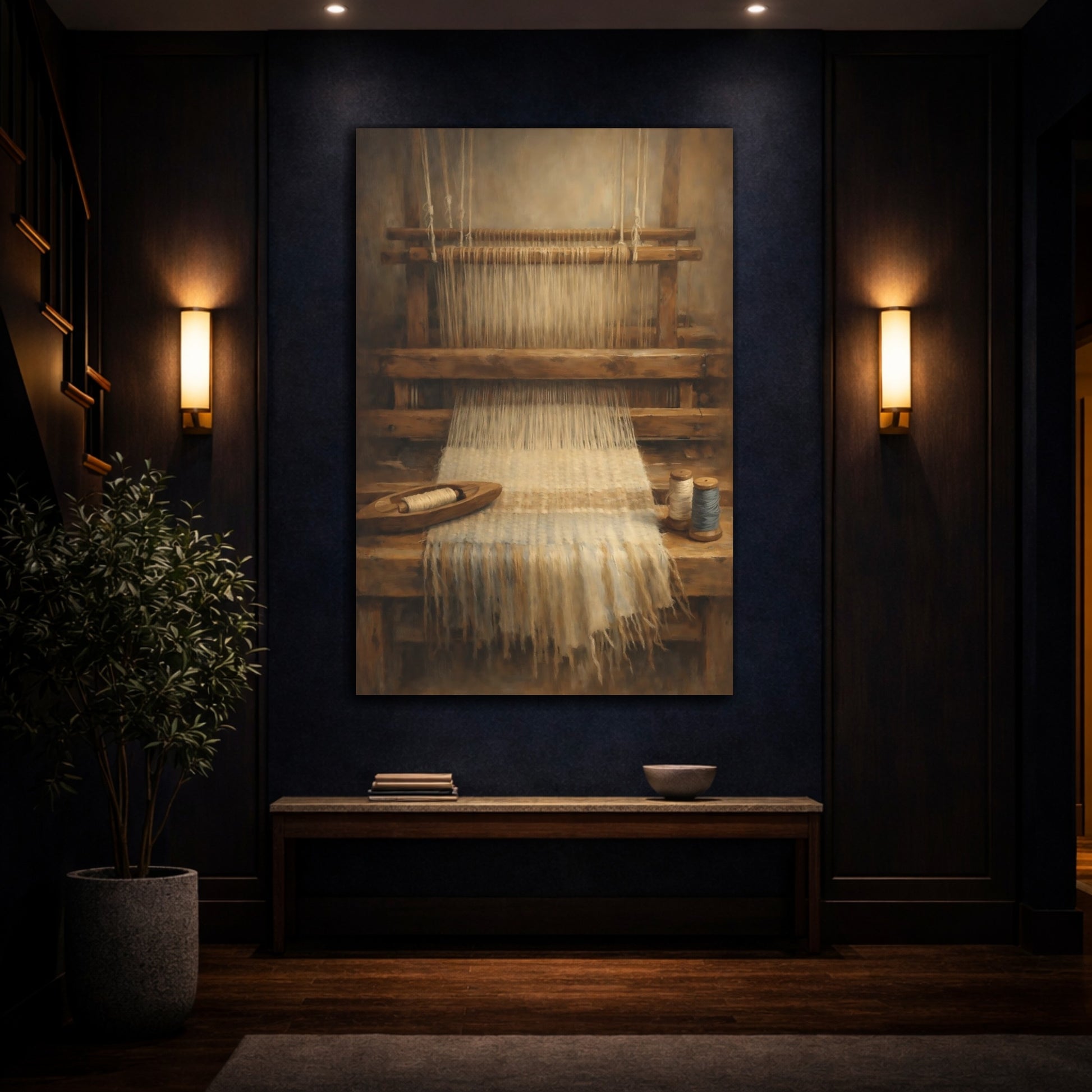 Mockup 4. Vintage Weaving Loom Weaving Loom Brown shown as stretched canvas wall art