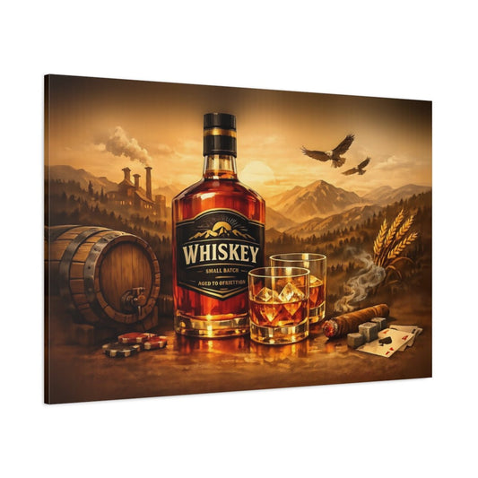 Vintage Whiskey Bottle Golden Brown Scene - Canvas Wall Art Print - YesArtYes