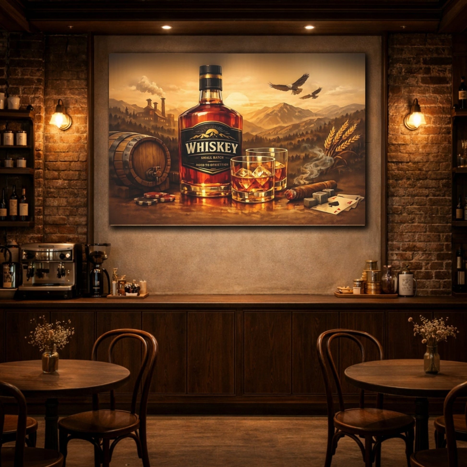 Vintage Whiskey Bottle Golden Brown Scene - Canvas Wall Art Print - YesArtYes