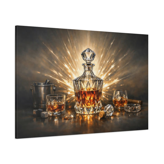 Vintage Whiskey Decanter Gold Whiskey Decanter shown as stretched canvas wall art