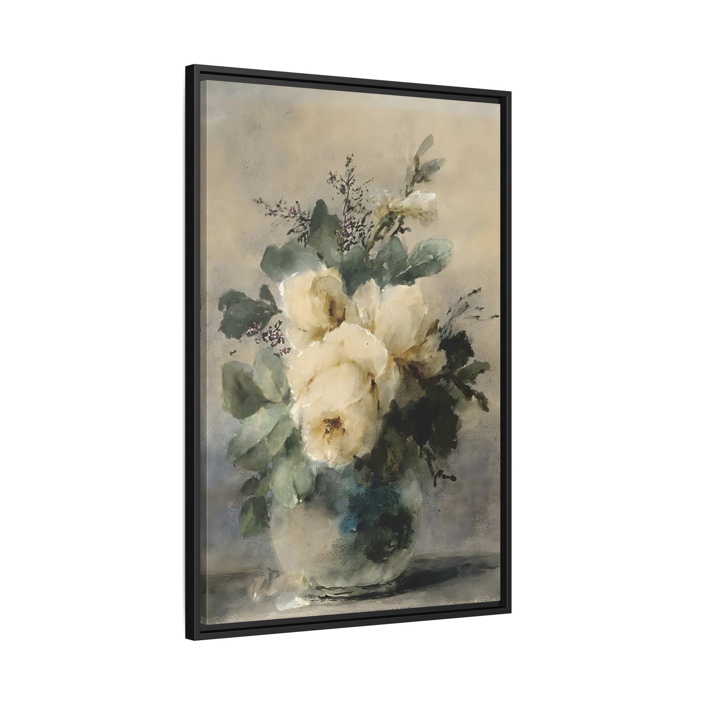 Vintage White Roses Canvas Wall Art Print - Peonies Vase Still Life - YesArtYes