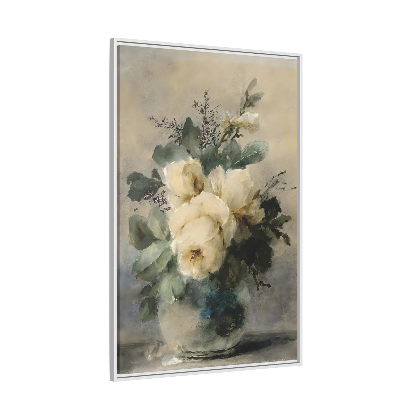 Vintage White Roses Canvas Wall Art Print - Peonies Vase Still Life - YesArtYes