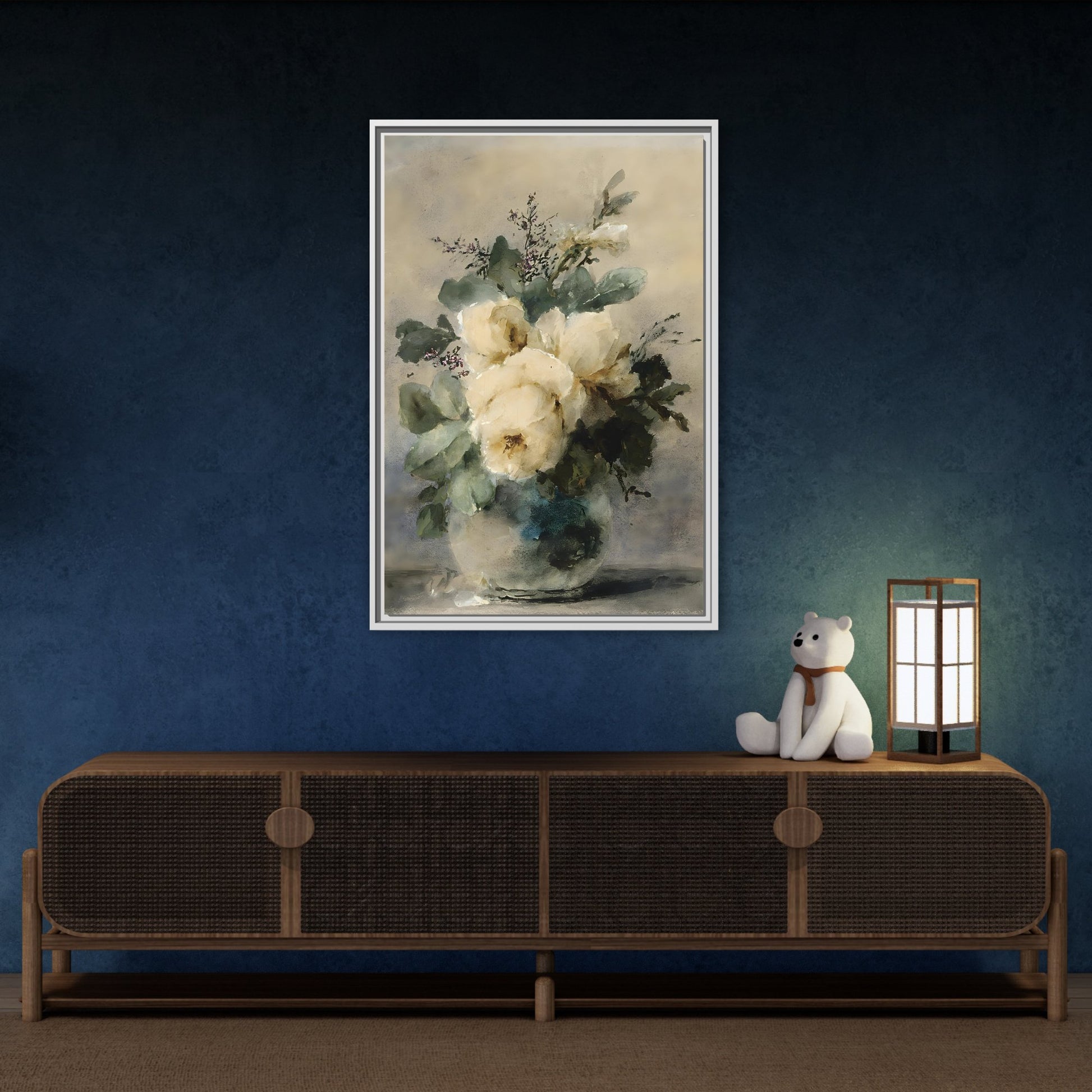 Vintage White Roses Canvas Wall Art Print - Peonies Vase Still Life - YesArtYes