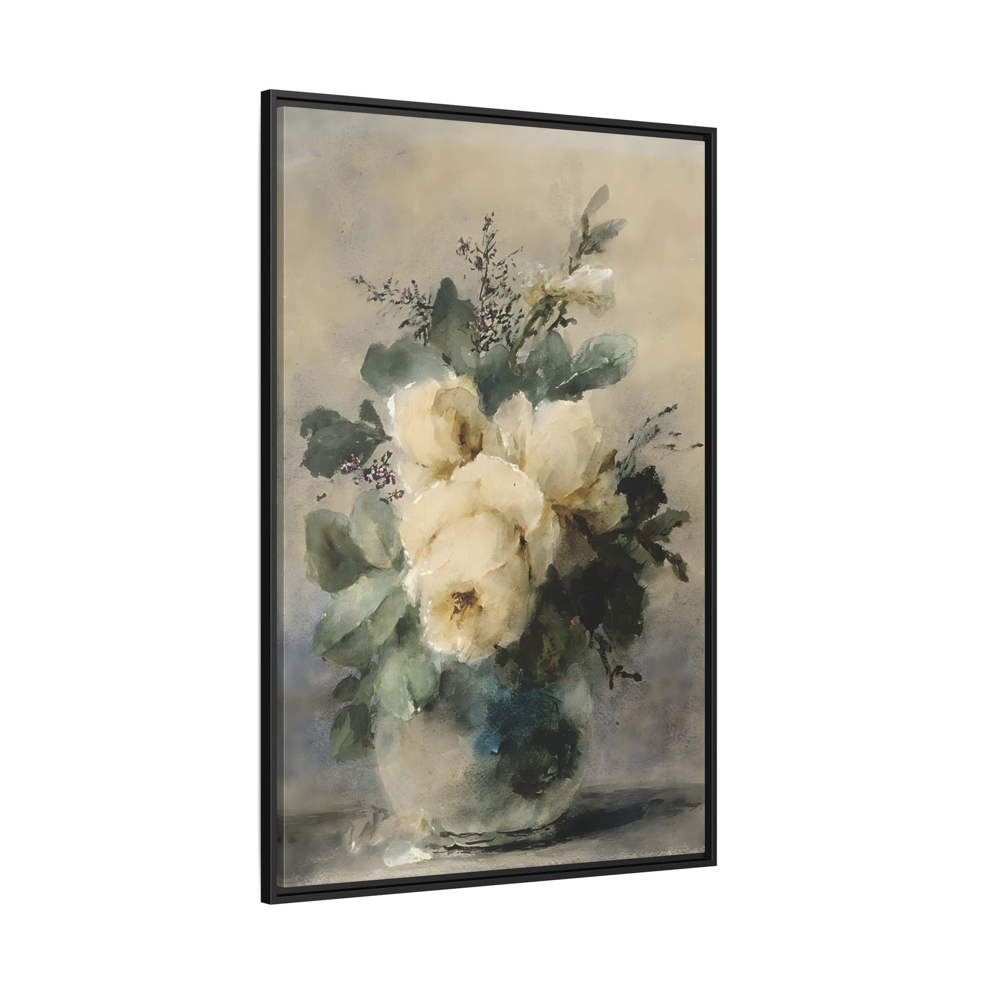 Vintage White Roses Canvas Wall Art Print - Peonies Vase Still Life - YesArtYes