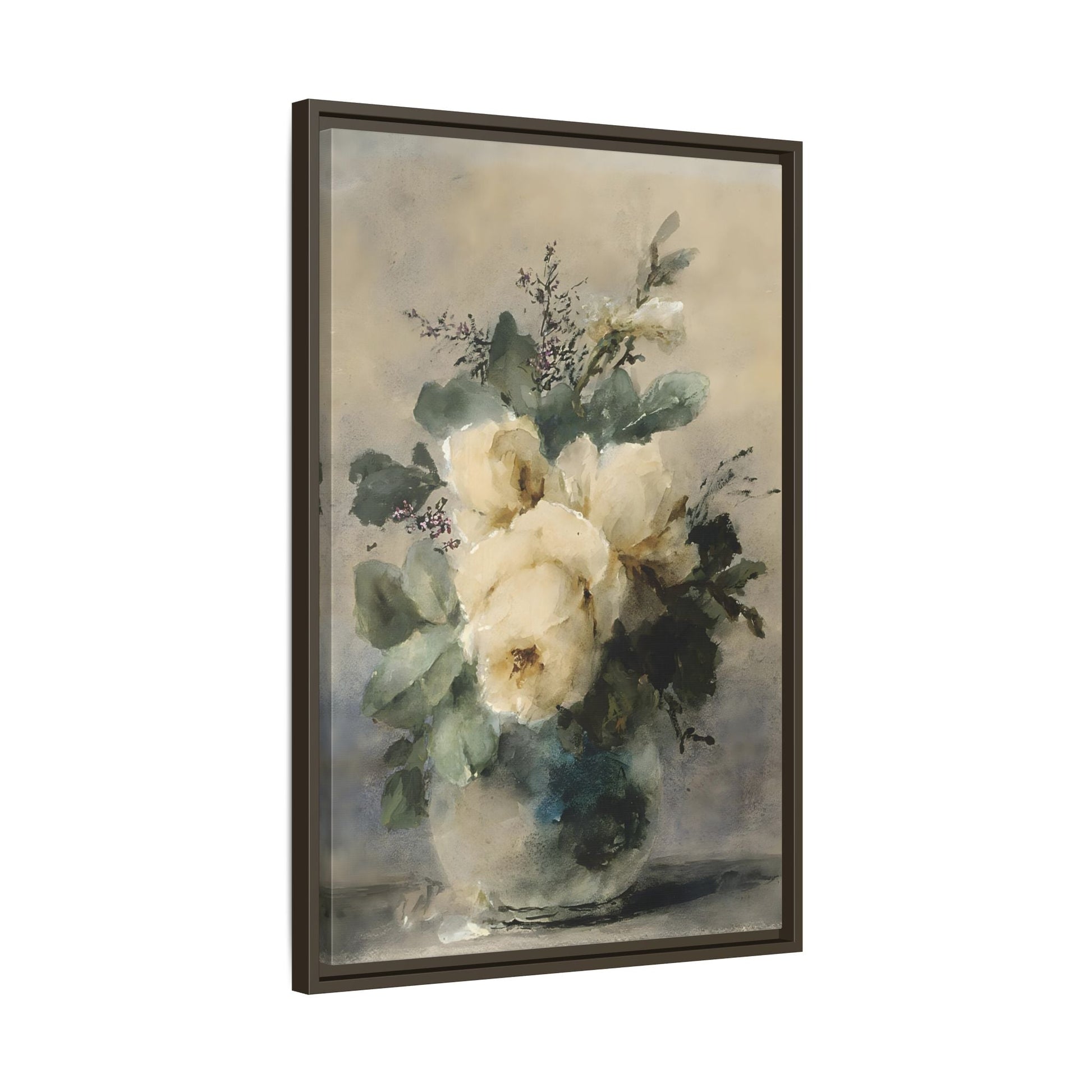 Vintage White Roses Canvas Wall Art Print - Peonies Vase Still Life - YesArtYes