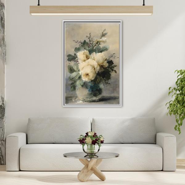 Vintage White Roses Canvas Wall Art Print - Still Life Peonies Vase - YesArtYes