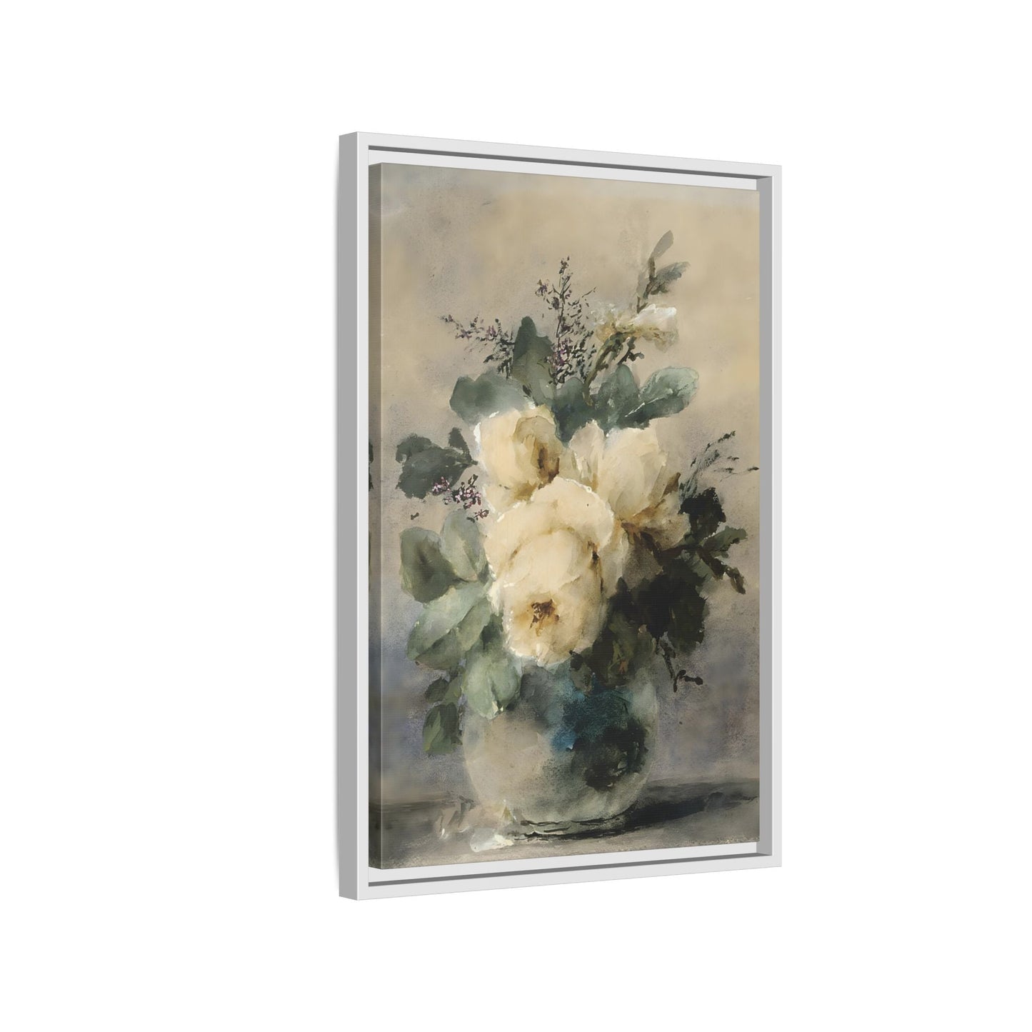 Vintage White Roses Canvas Wall Art Print - Still Life Peonies Vase - YesArtYes