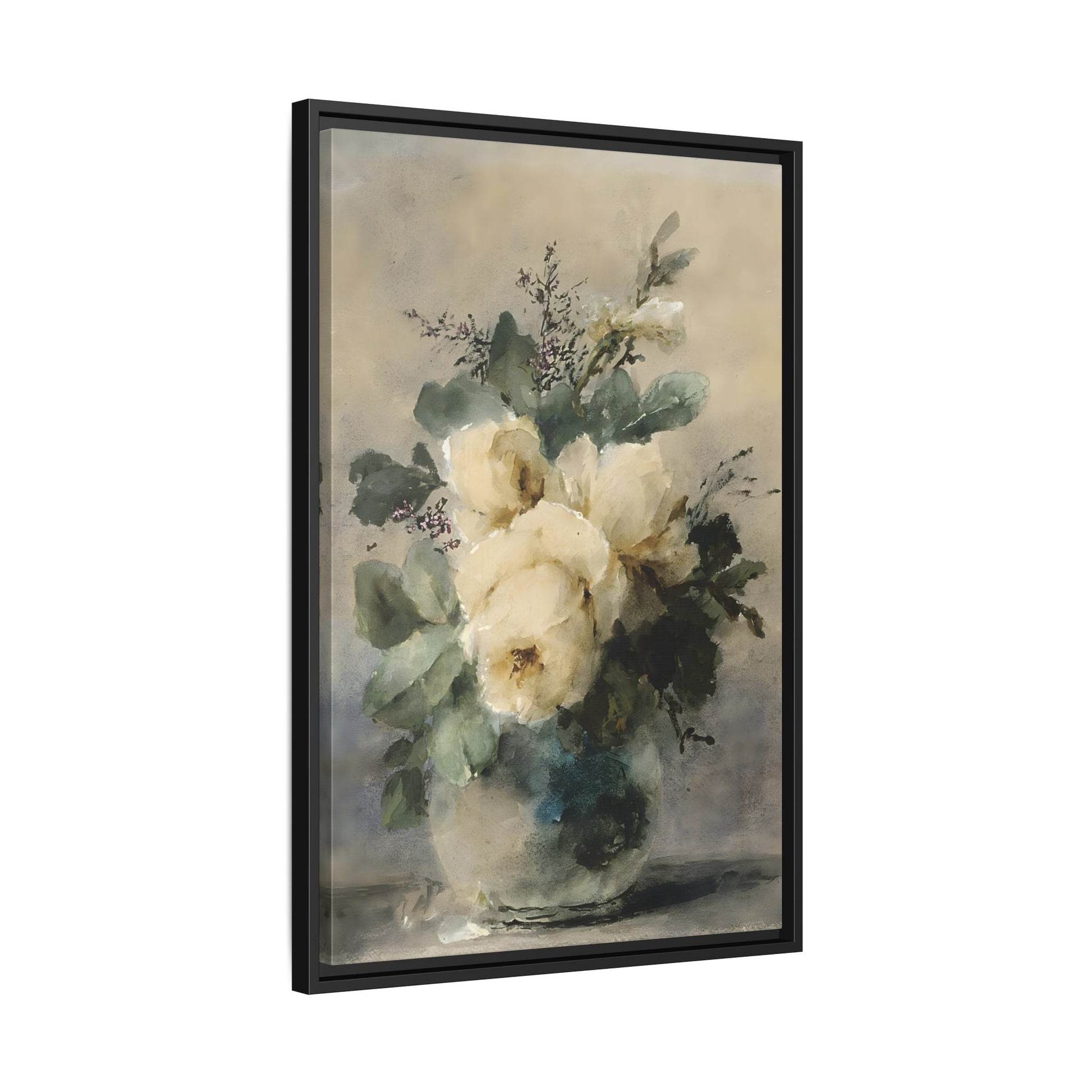 Vintage White Roses Canvas Wall Art Print - Still Life Peonies Vase - YesArtYes