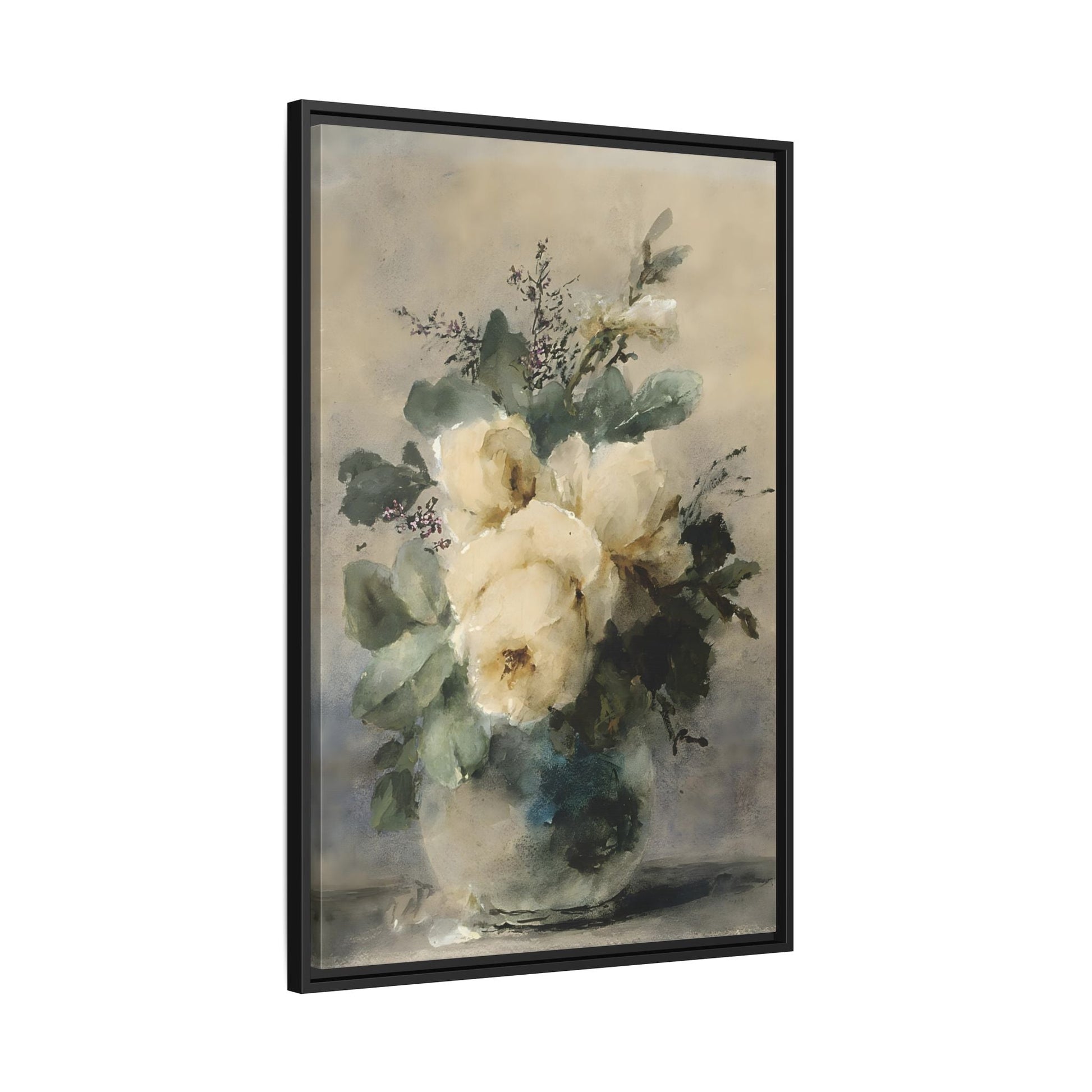 Vintage White Roses Canvas Wall Art Print - Still Life Peonies Vase - YesArtYes