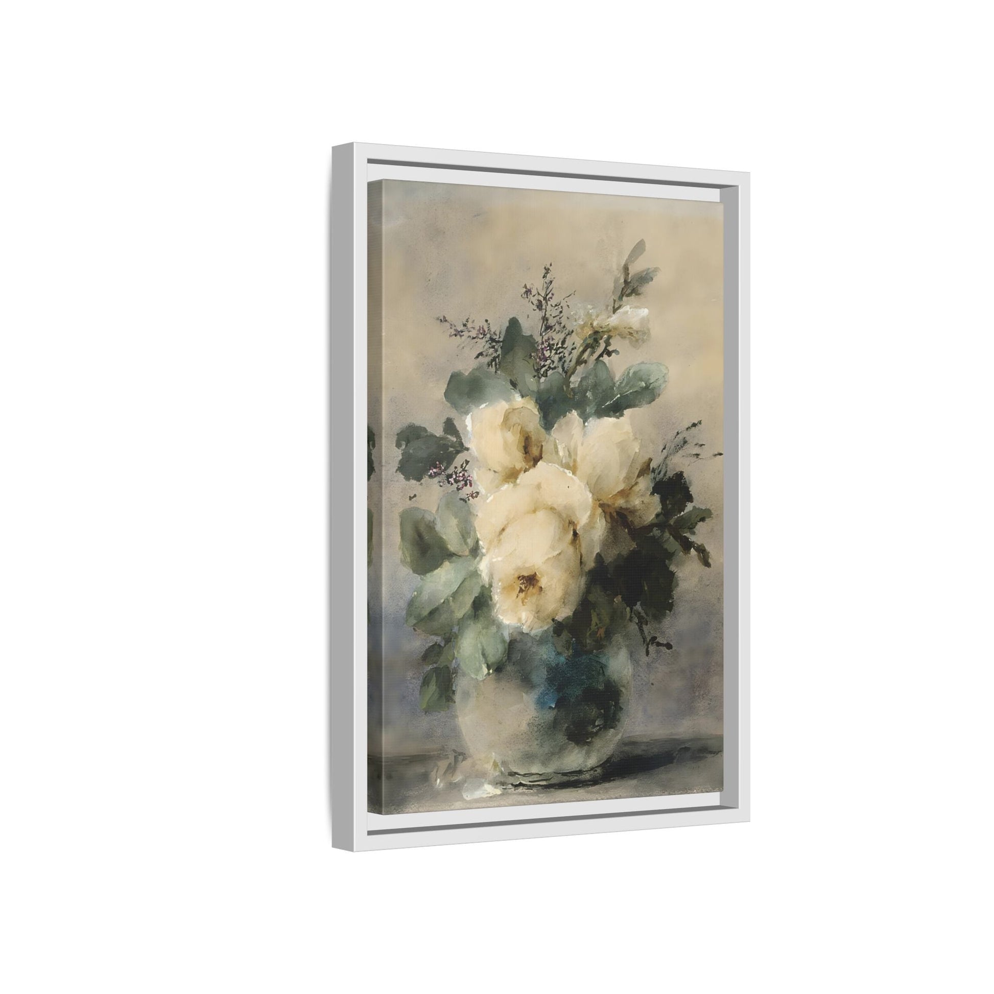 Vintage White Roses Canvas Wall Art Print - Still Life Peonies Vase - YesArtYes
