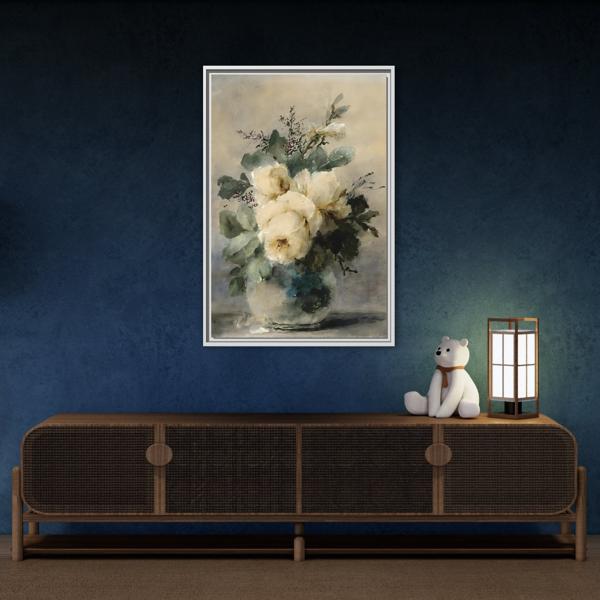Vintage White Roses Canvas Wall Art Print - Still Life Peonies Vase - YesArtYes