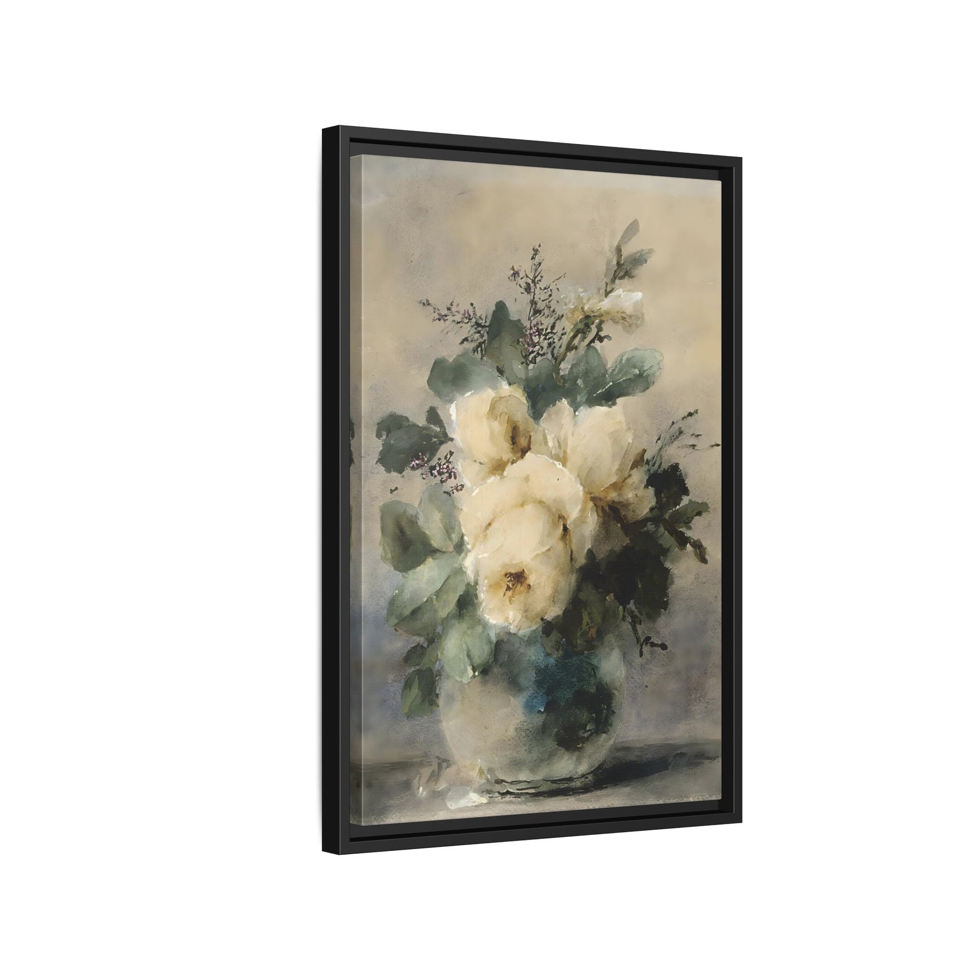 Vintage White Roses Canvas Wall Art Print - Still Life Peonies Vase - YesArtYes