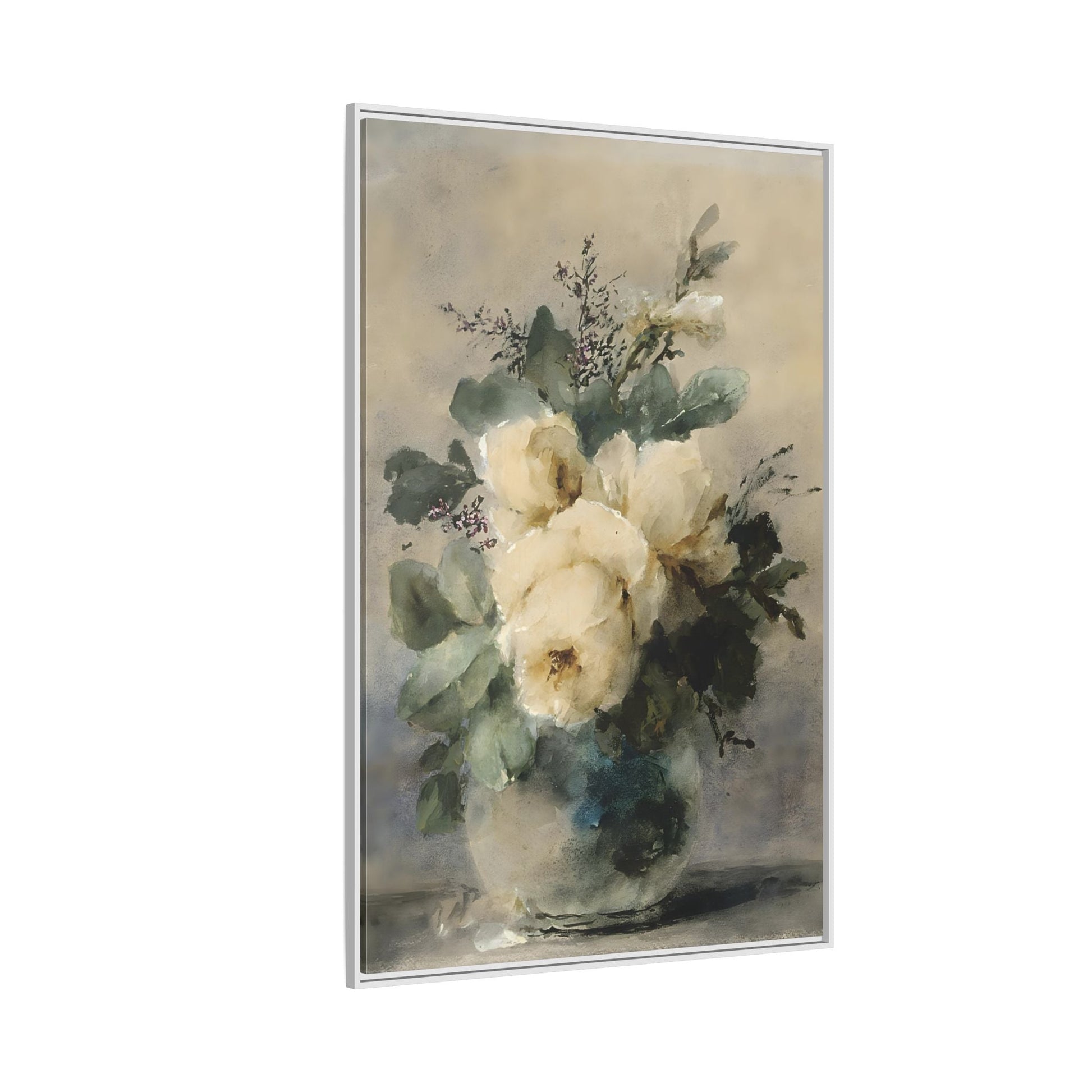 Vintage White Roses Canvas Wall Art Print - Still Life Peonies Vase - YesArtYes