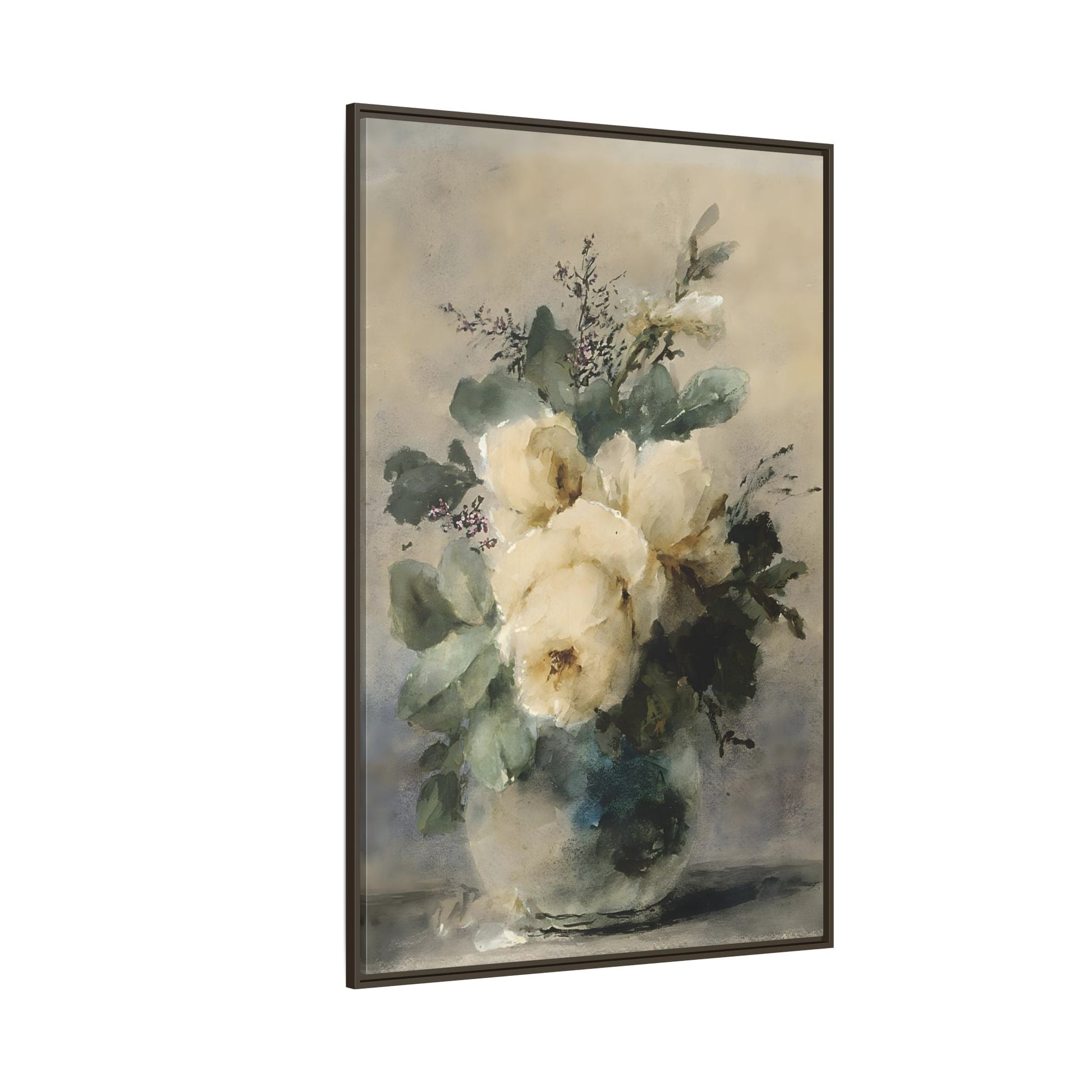 Vintage White Roses Canvas Wall Art Print - Still Life Peonies Vase - YesArtYes