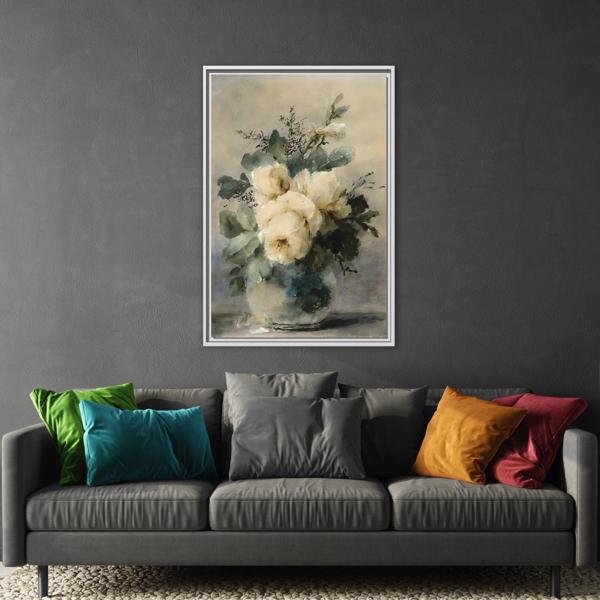 Vintage White Roses Canvas Wall Art Print - Still Life Peonies Vase - YesArtYes