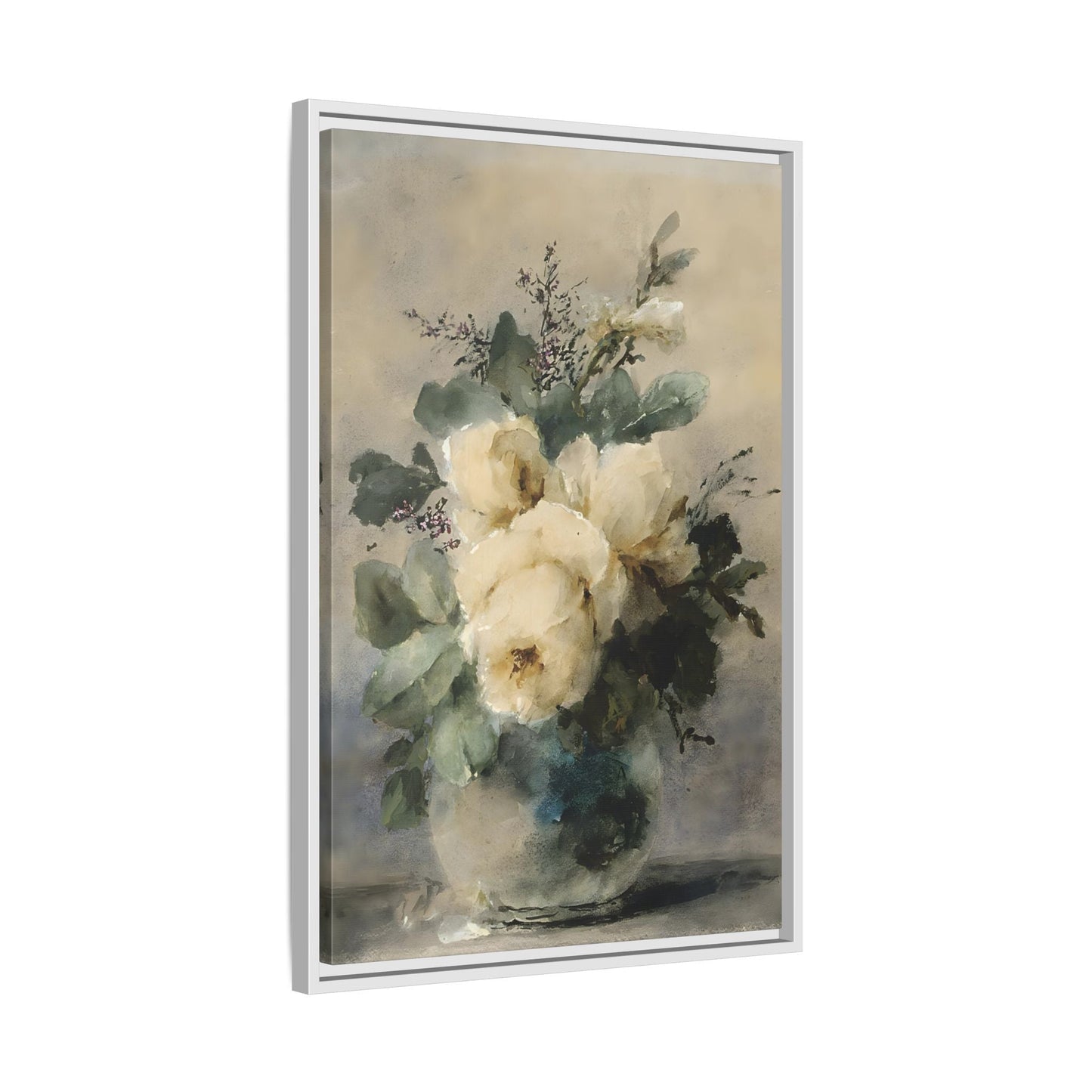 Vintage White Roses Canvas Wall Art Print - Still Life Peonies Vase - YesArtYes