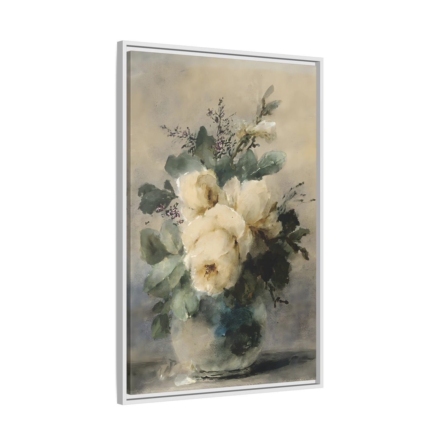 Vintage White Roses Canvas Wall Art Print - Still Life Peonies Vase - YesArtYes
