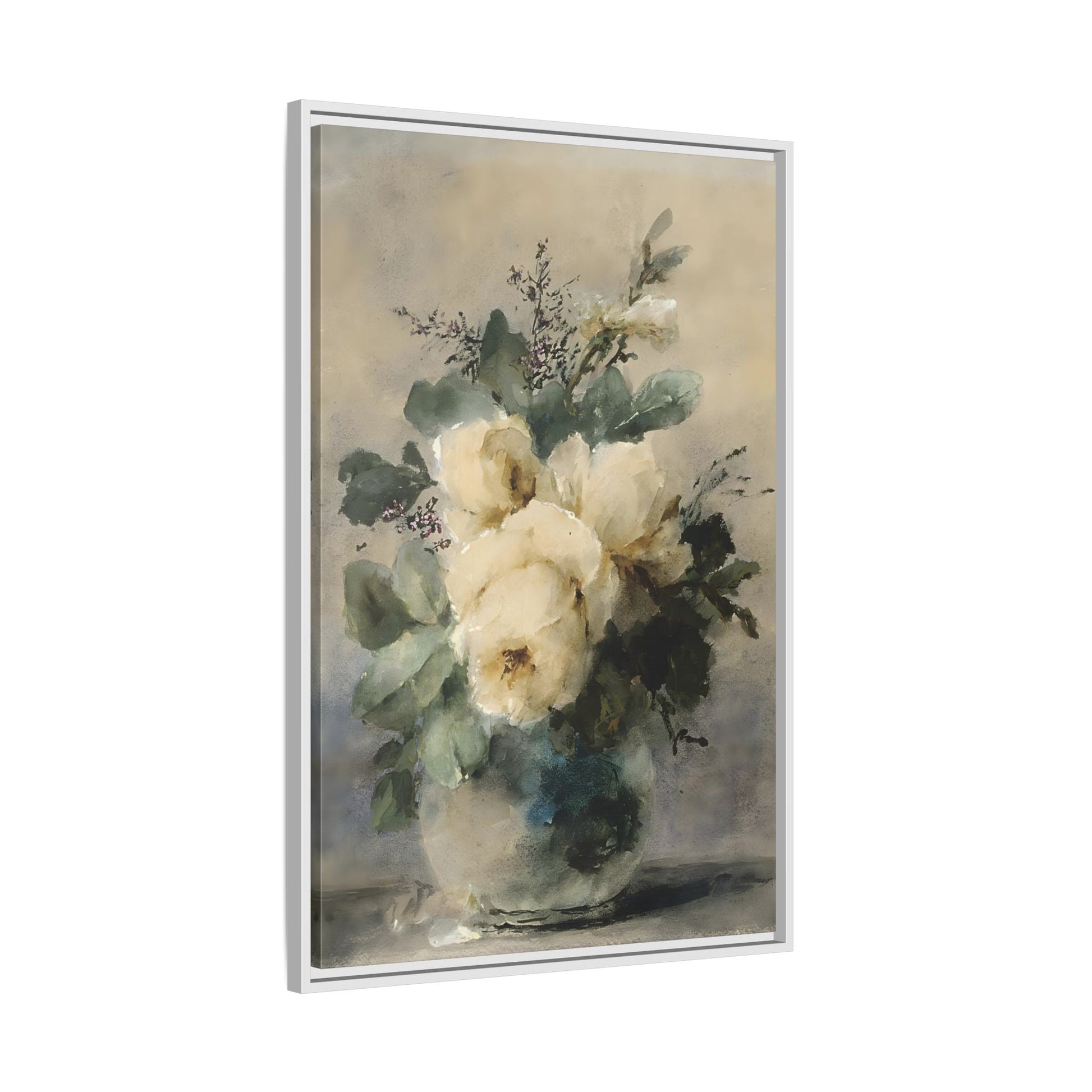 Vintage White Roses Canvas Wall Art Print - Still Life Peonies Vase - YesArtYes