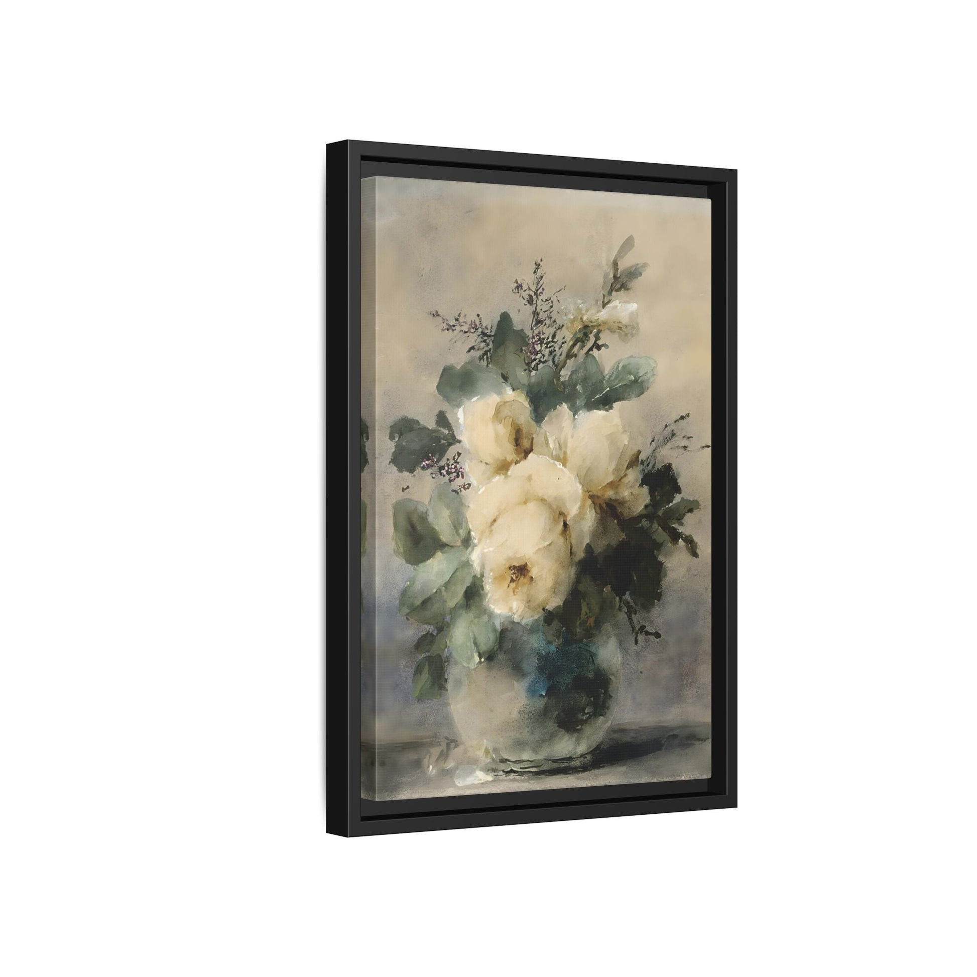 Vintage White Roses Canvas Wall Art Print - Still Life Peonies Vase - YesArtYes