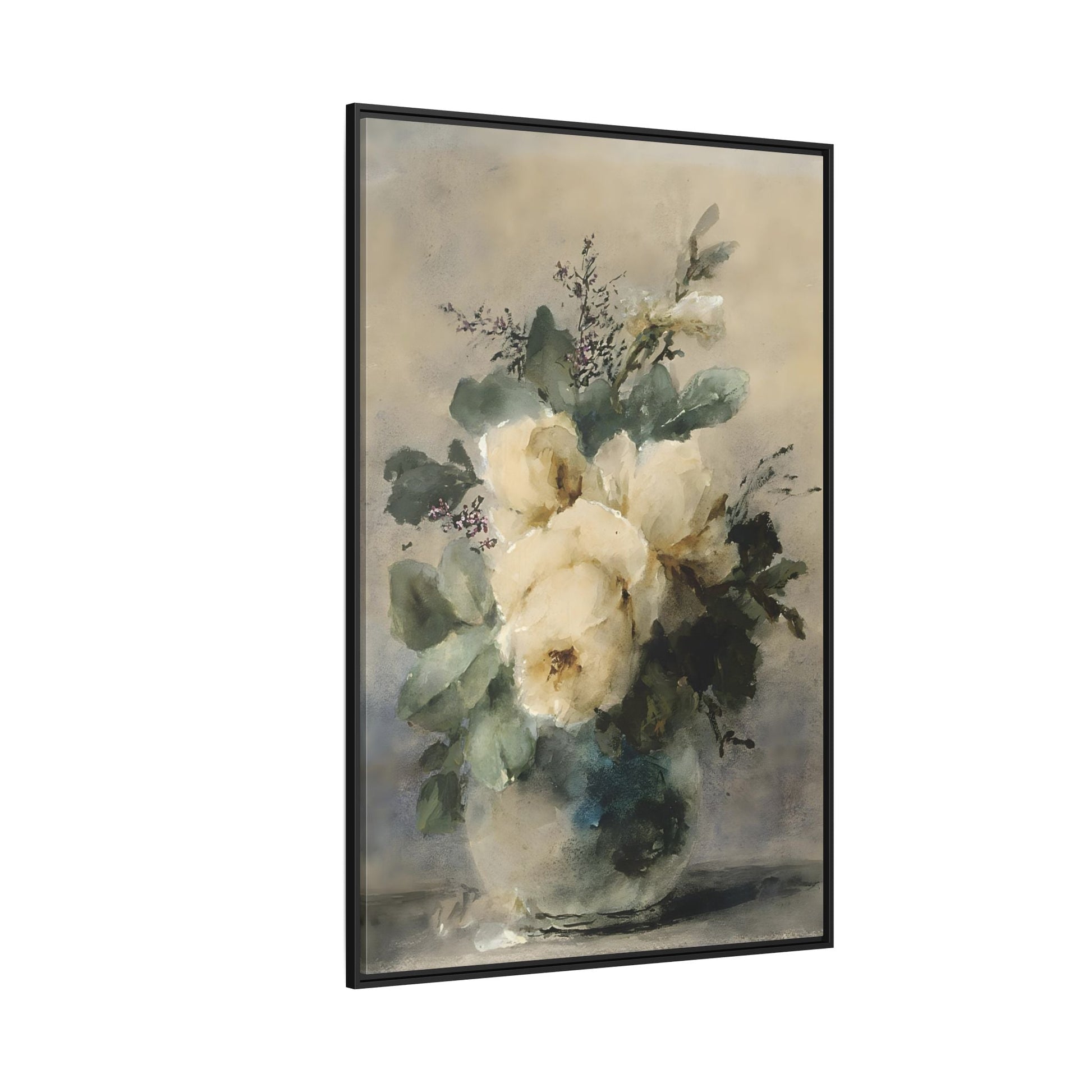 Vintage White Roses Canvas Wall Art Print - Still Life Peonies Vase - YesArtYes