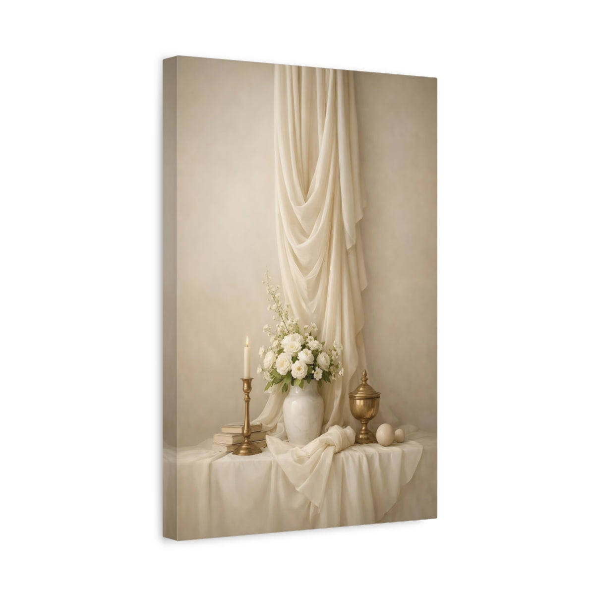 Side Mockup 4. Vintage White Roses Cream Still Life shown as stretched canvas wall art