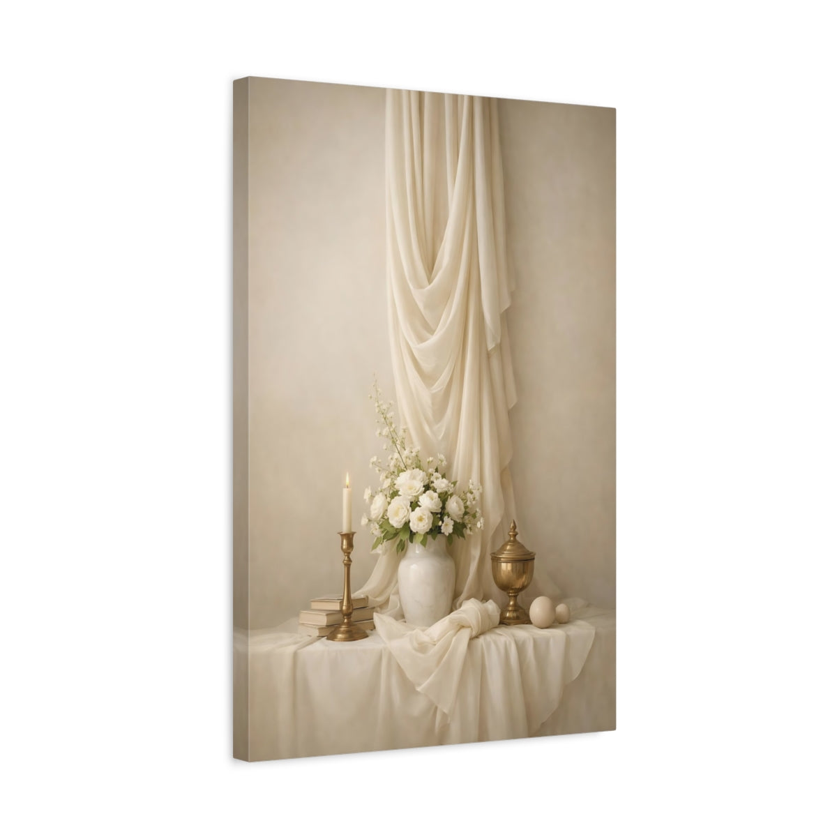 Side Mockup 3. Vintage White Roses Cream Still Life shown as stretched canvas wall art
