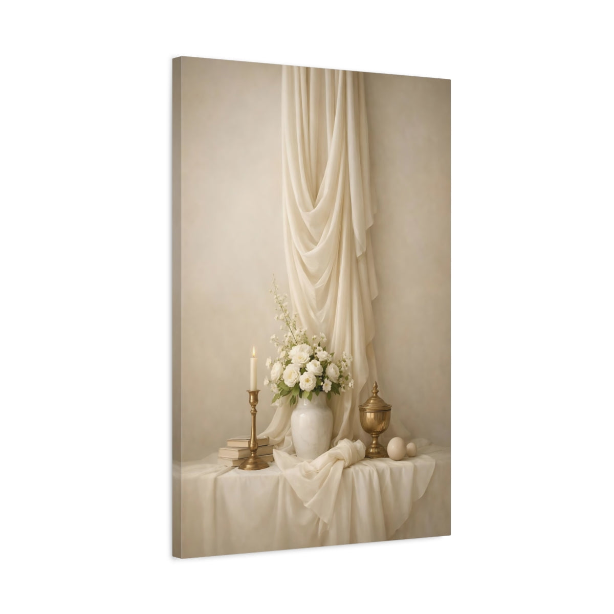 Side Mockup 2. Vintage White Roses Cream Still Life shown as stretched canvas wall art