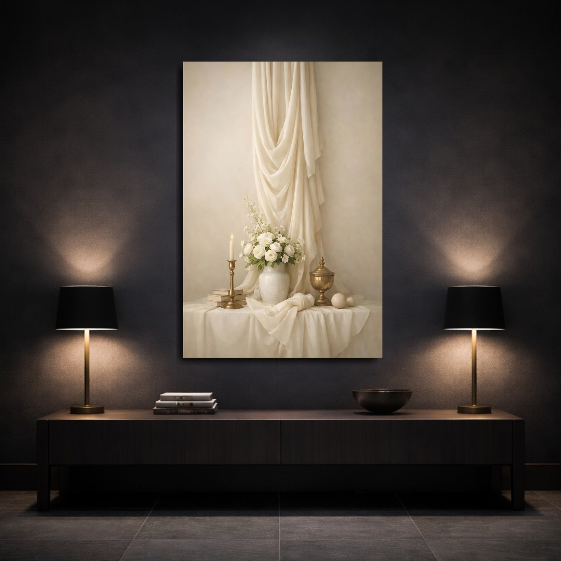 Mockup 2. Vintage White Roses Cream Still Life shown as stretched canvas wall art