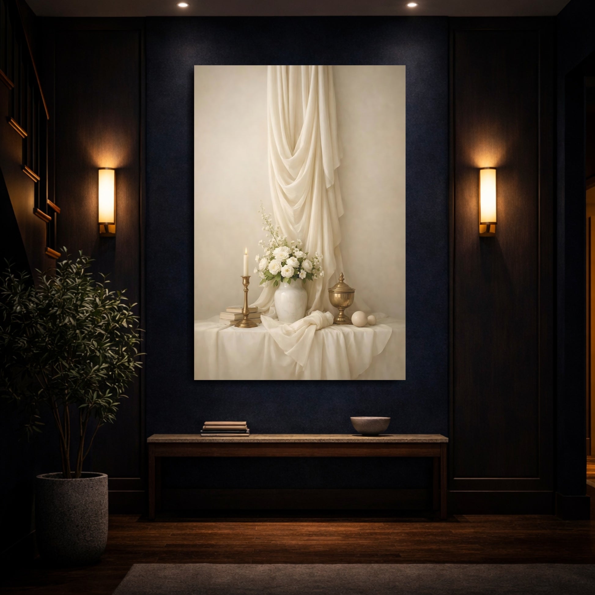 Mockup 3. Vintage White Roses Cream Still Life shown as stretched canvas wall art