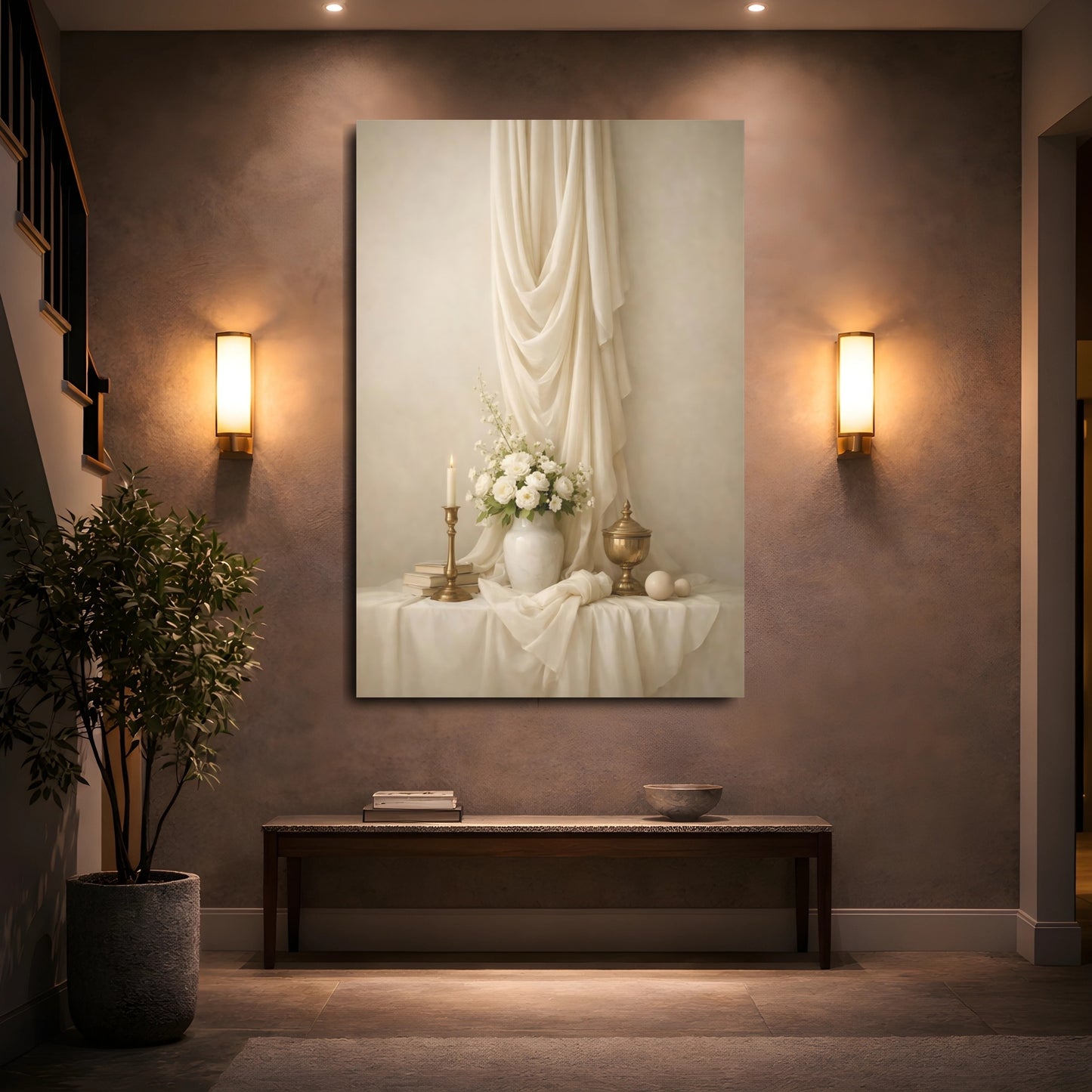 Mockup 4. Vintage White Roses Cream Still Life shown as stretched canvas wall art