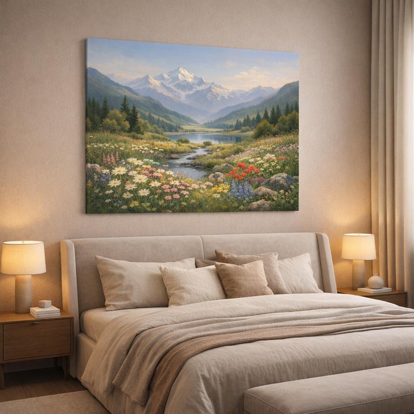Vintage Wildflowers Valley shown as canvas wall art in a luxury bedroom