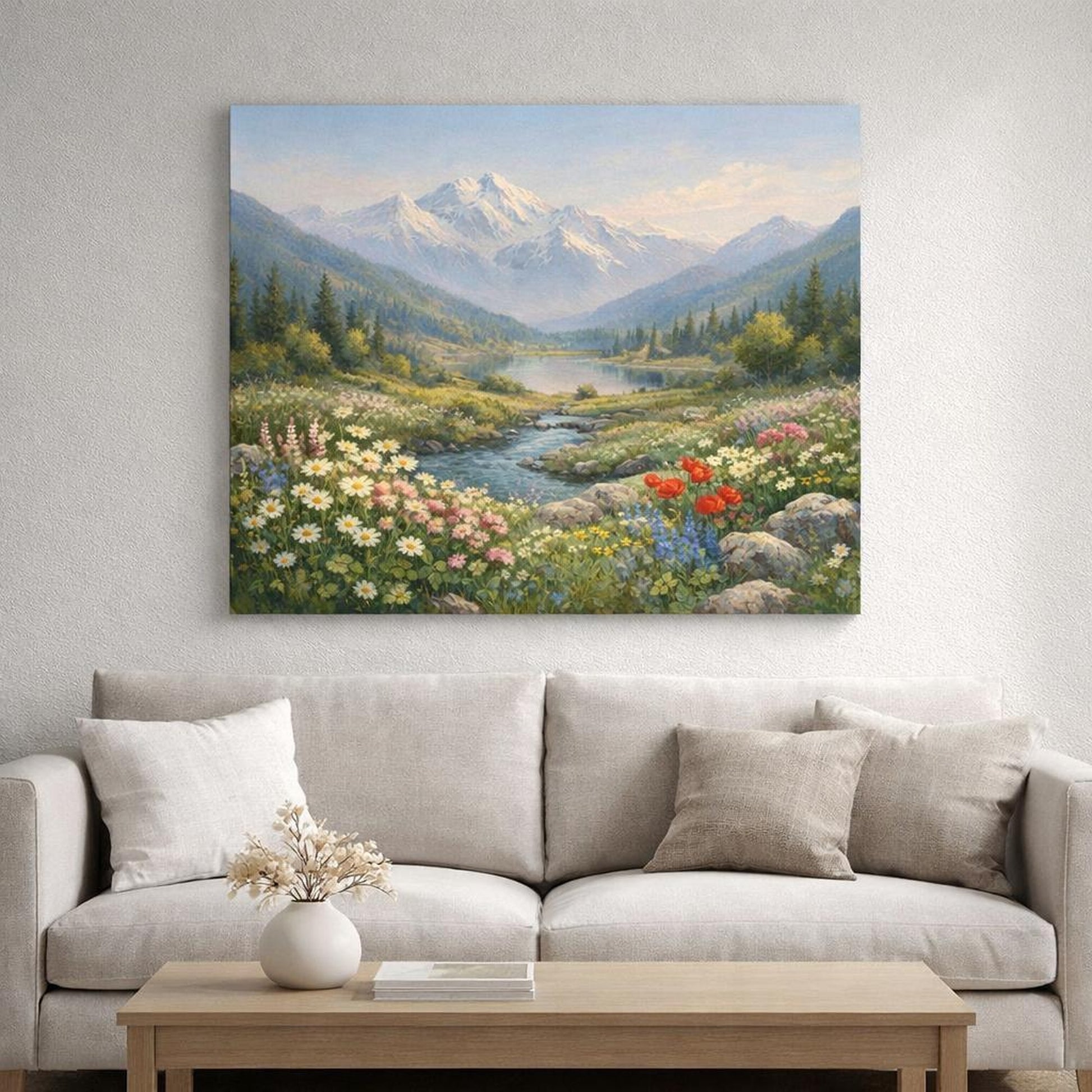 Vintage Wildflowers Valley shown as canvas wall art in a refined dining room