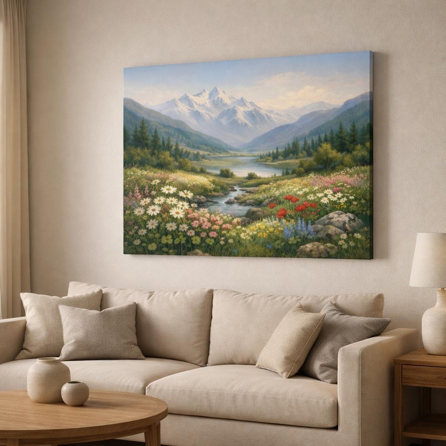 Vintage Wildflowers Valley shown as canvas wall art in a modern living room