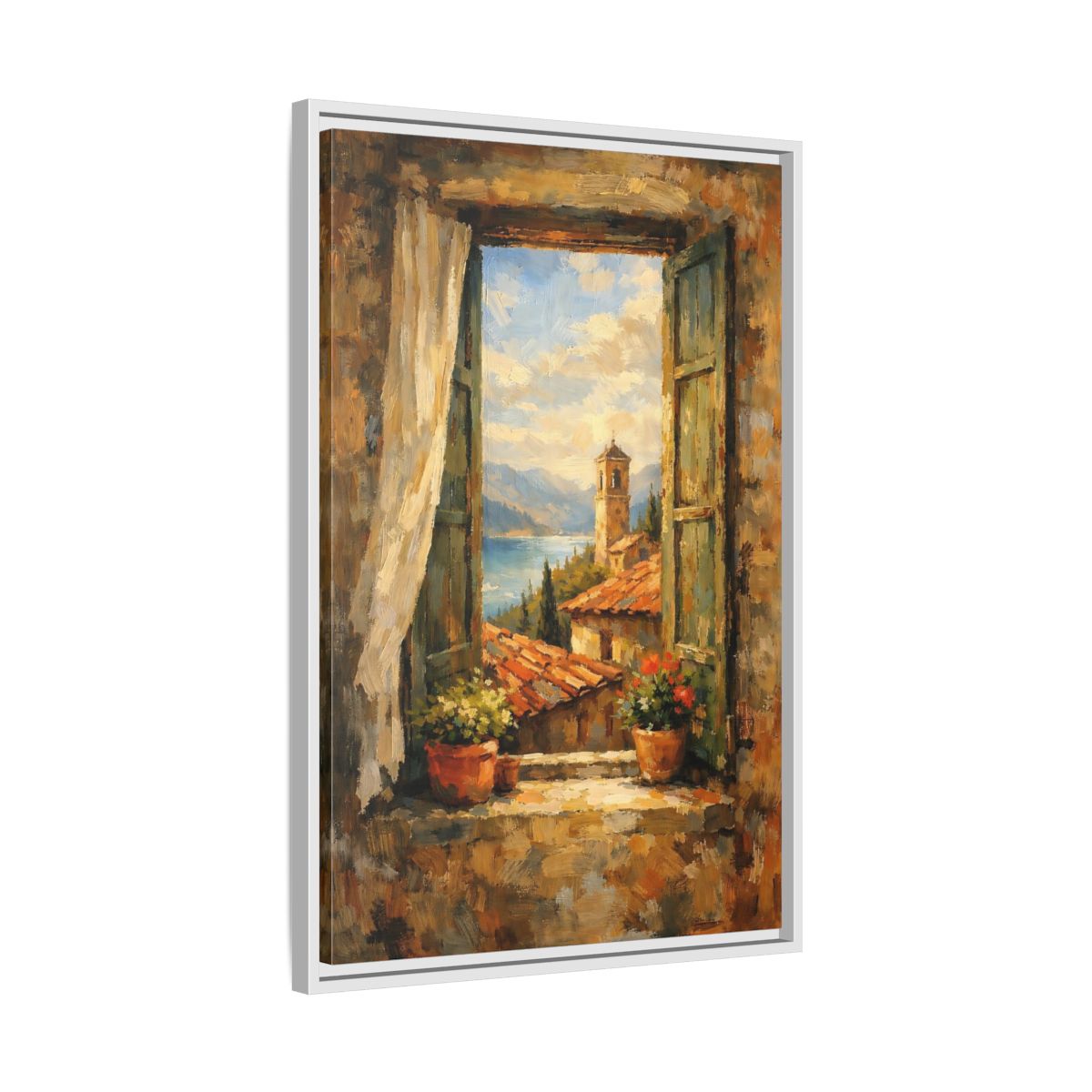 Side Mockup 11. Vintage Window View Mediterranean Window shown as stretched canvas wall art
