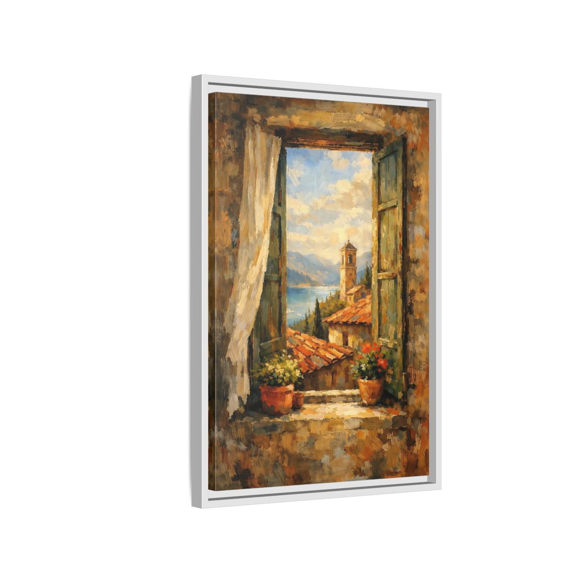 Side Mockup 1. Vintage Window View Mediterranean Window shown as stretched canvas wall art