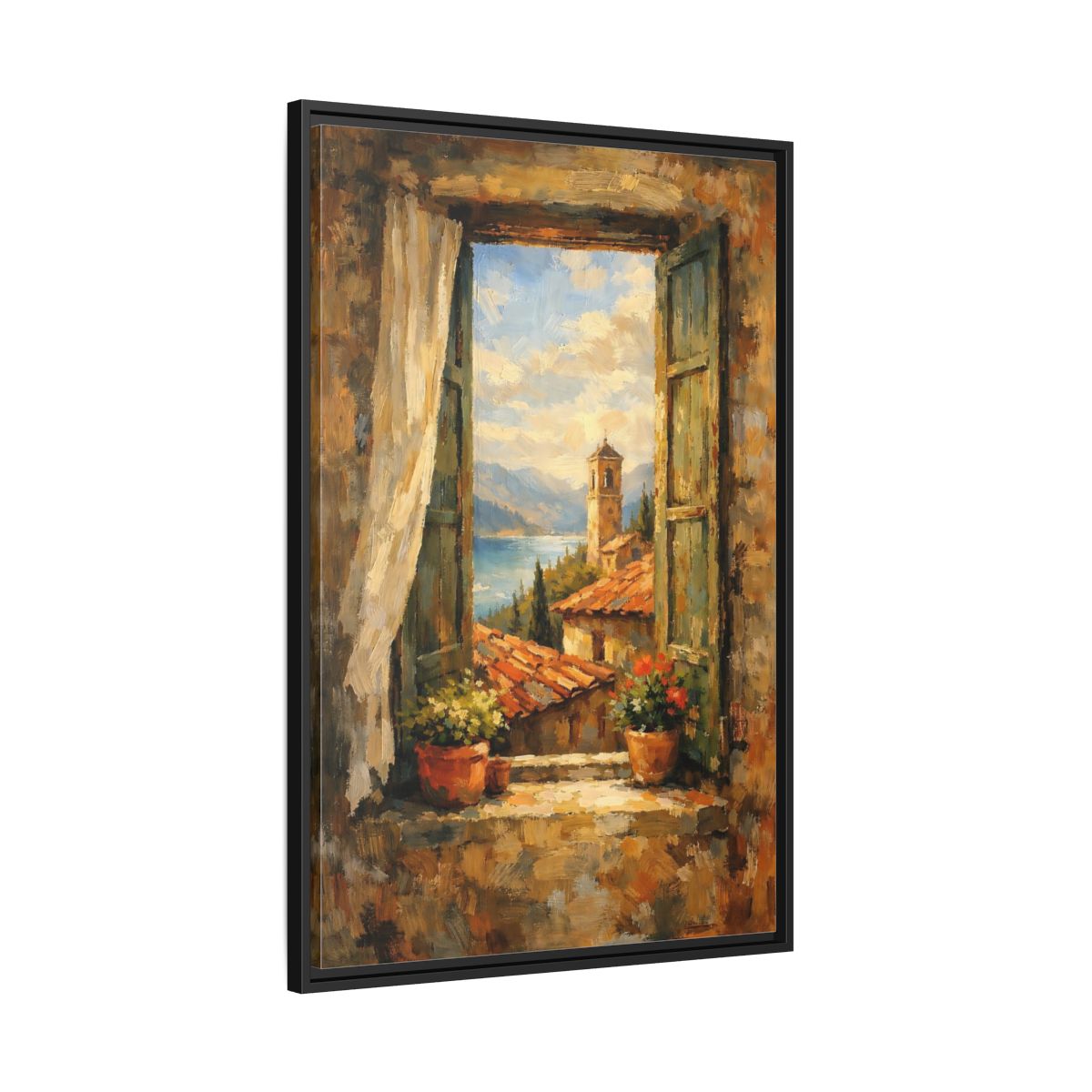 Side Mockup 13. Vintage Window View Mediterranean Window shown as stretched canvas wall art