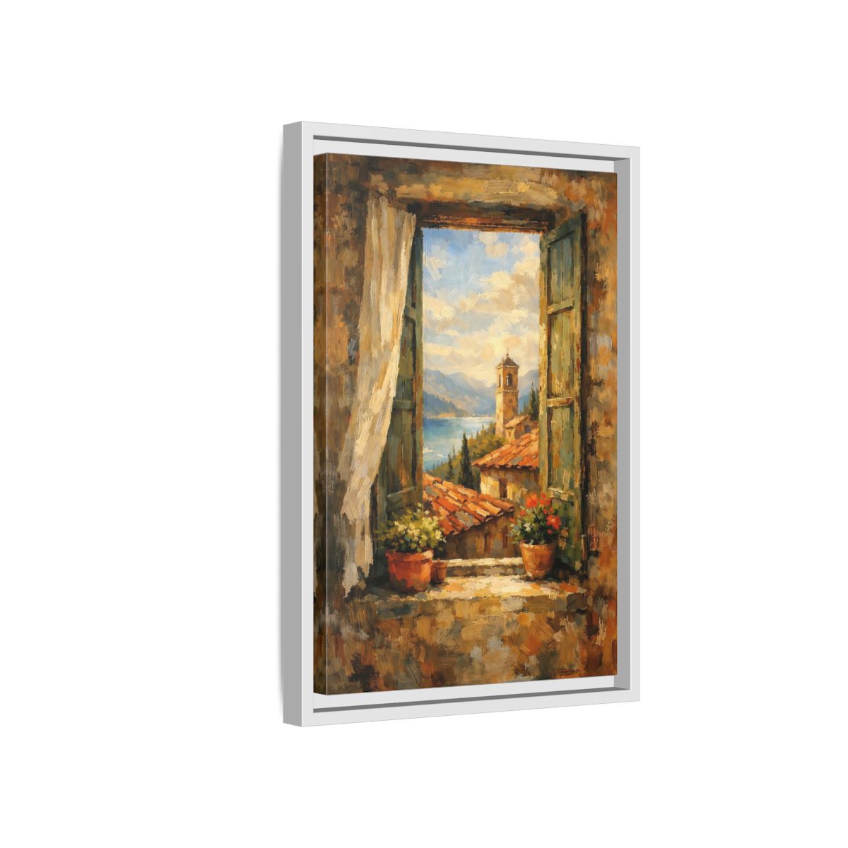 Side Mockup 4. Vintage Window View Mediterranean Window shown as stretched canvas wall art