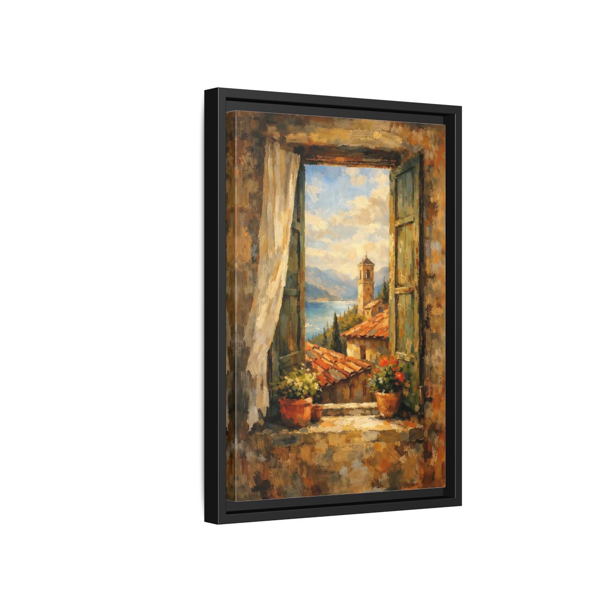Side Mockup 6. Vintage Window View Mediterranean Window shown as stretched canvas wall art