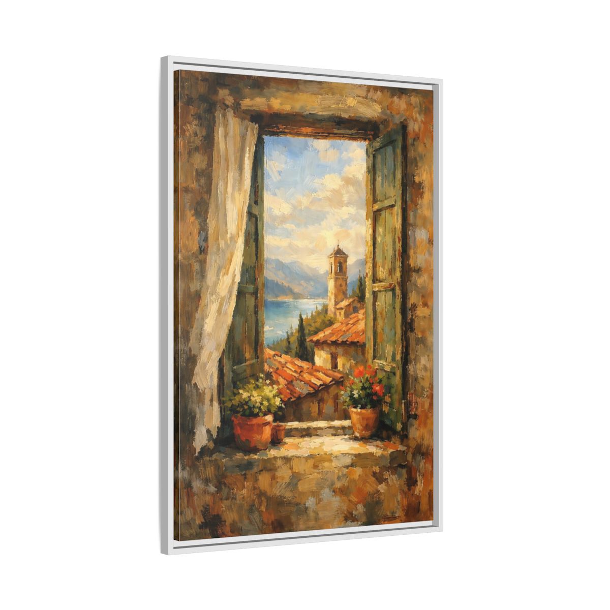 Side Mockup 9. Vintage Window View Mediterranean Window shown as stretched canvas wall art