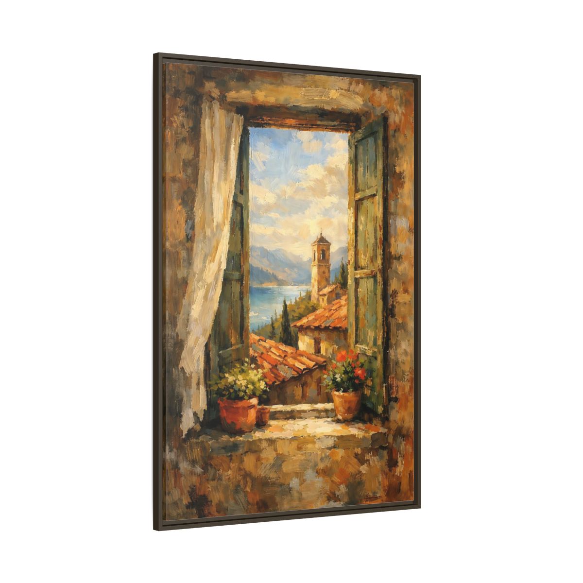 Side Mockup 8. Vintage Window View Mediterranean Window shown as stretched canvas wall art