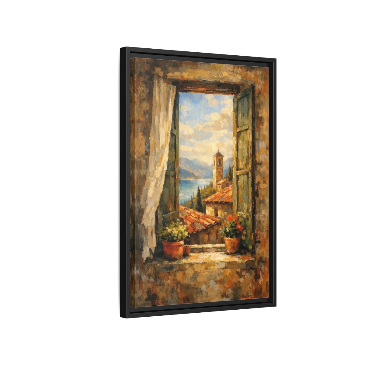 Side Mockup 3. Vintage Window View Mediterranean Window shown as stretched canvas wall art